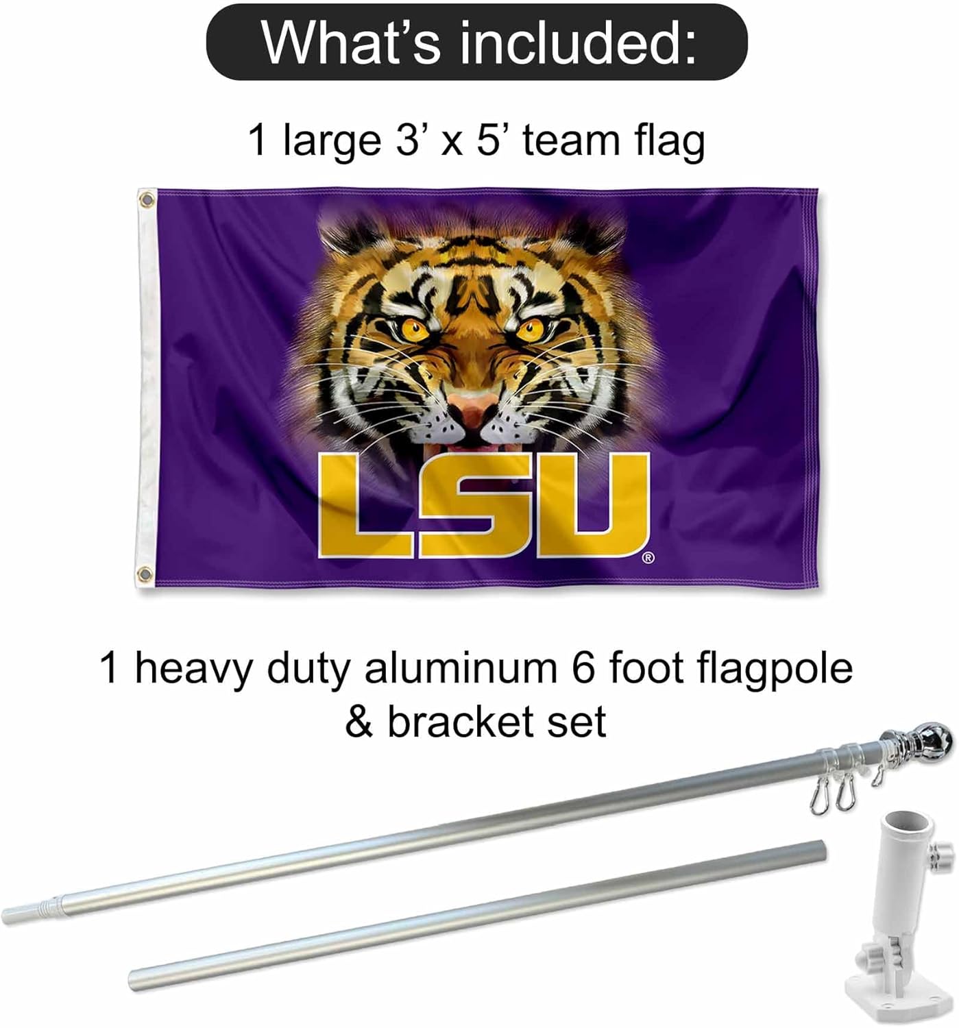 Louisiana State LSU Tigers Tiger Eyes Flag with Pole and Bracket Kit - Image 2