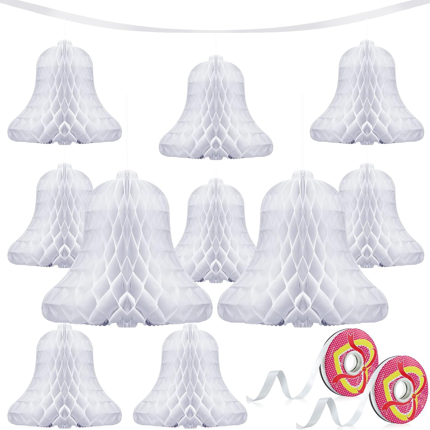 10 Pcs Wedding Bells Hanging Honeycomb Wedding Decorations Bridal Honeycomb Bells Decorating Supplies with 2 Rolls Ribbon for Reception for Weddings, Parties, 7.9 Inch,11.8 Inch(White)