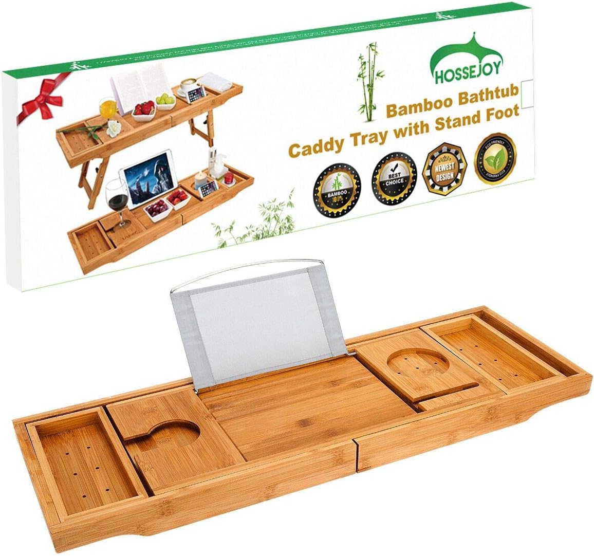 Luxury Bamboo Bathtub Caddy Bath Tub Tray Bridge Shower Shelves Organizer Tray with Stand Foot, Extending Sides Built in Book Tablet Integrated Wineglass Holder Phone Tray & Accessories Placement