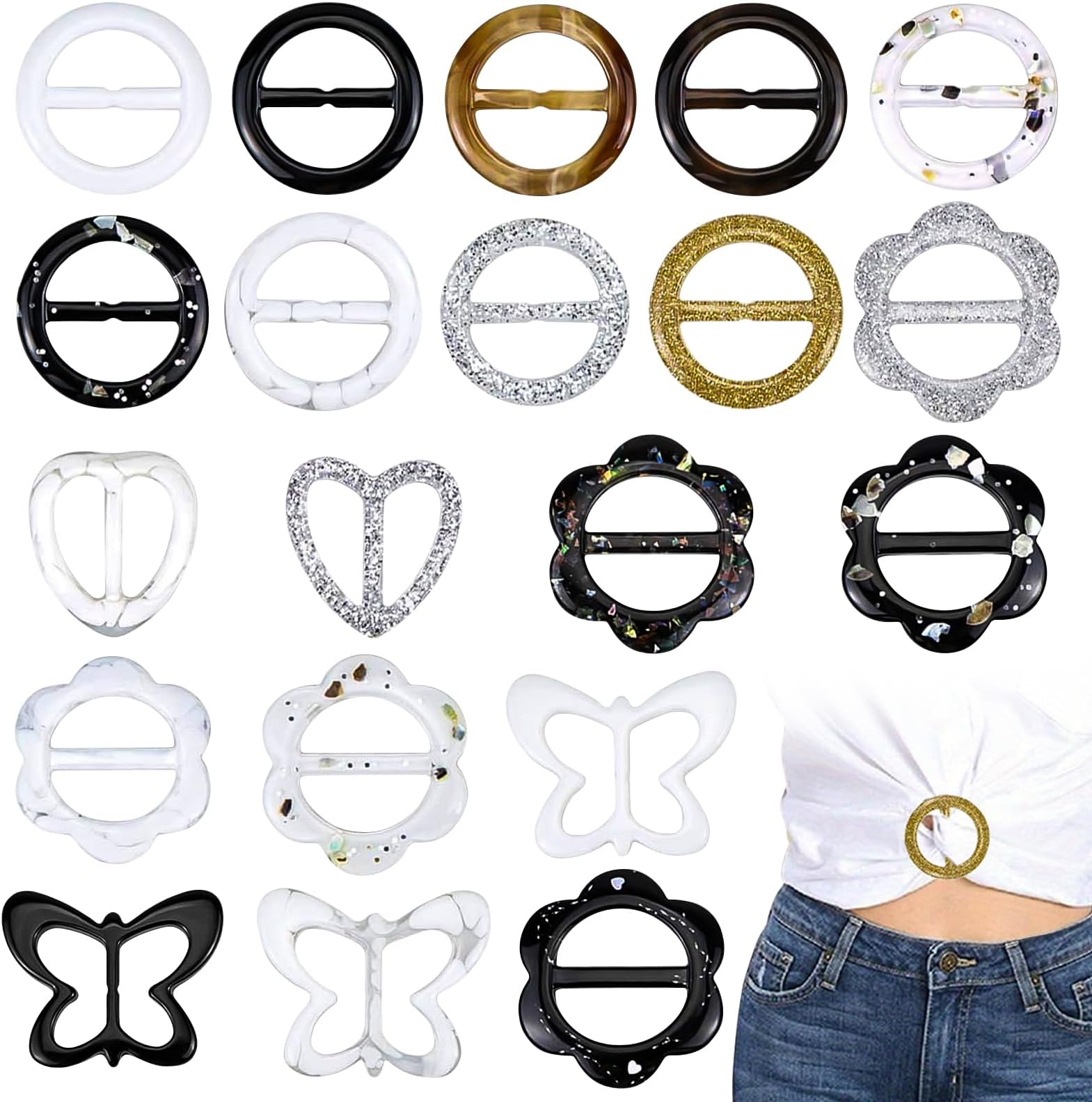 Hysagtek 20Pcs T Shirt Clips Shirt Ties Plastic Scarf Rings for Silk Scarf T-Shirt for Women Ladies Girls 80's Party Accessories with Assorted Shapes (1.18 inches)