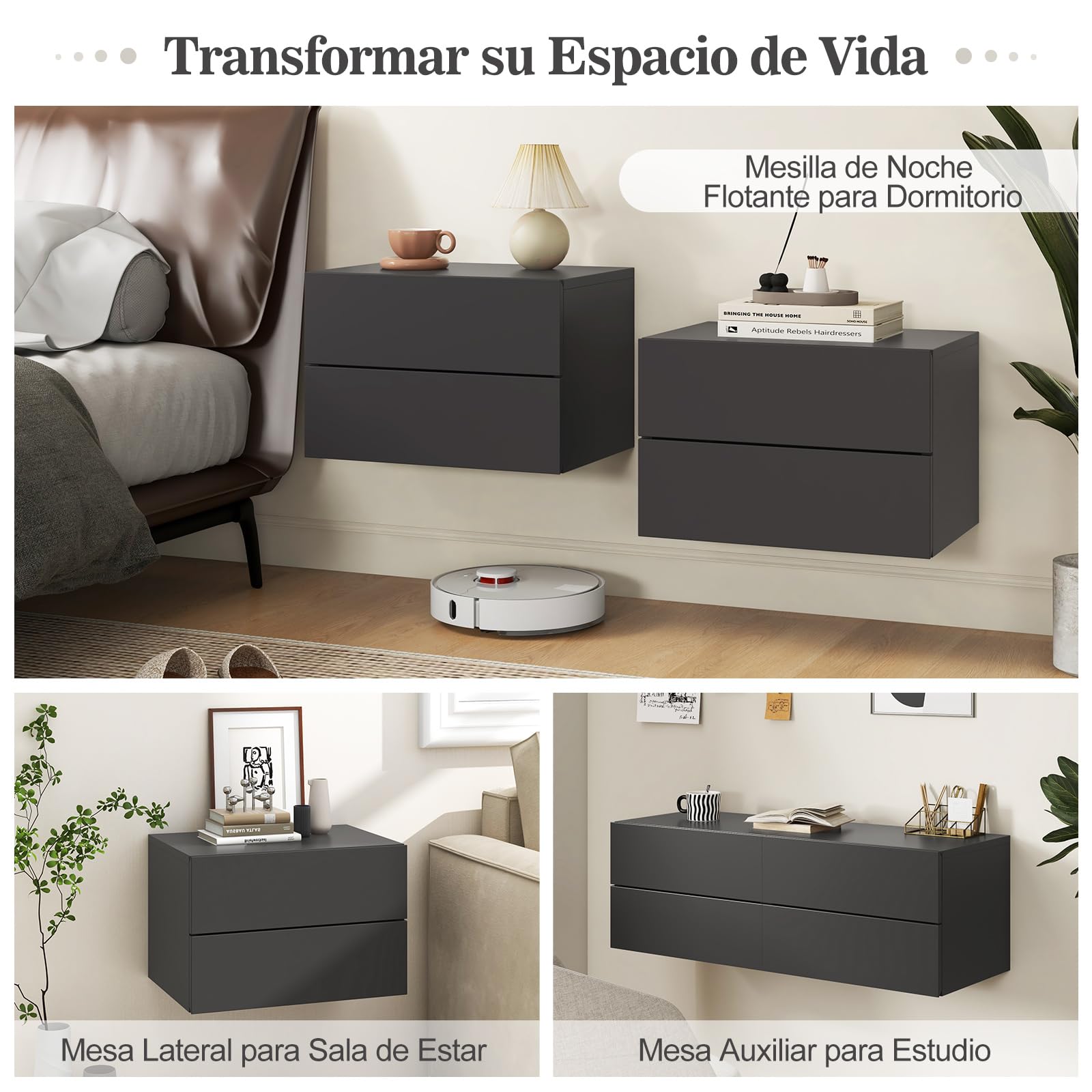 COSTWAY Mesita de Noche Flotante con 2 Cajones, Mesilla de Noche de Pared con Almacenaje, Mesita de Noche Colgantes Dormitorio Salon Sofa, 42 x 30 x 28 cm (Gris)
