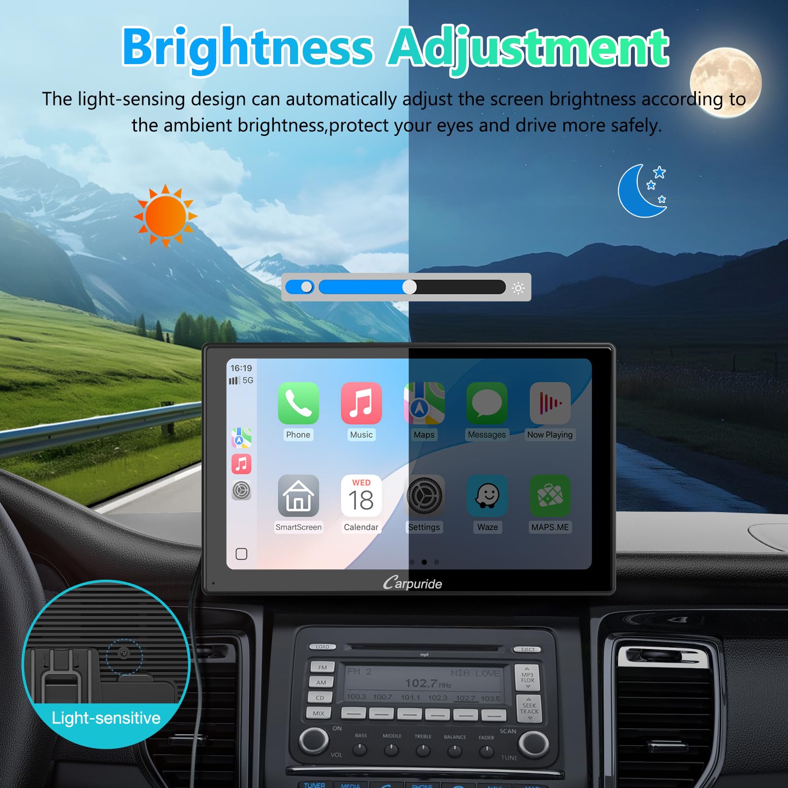 Carpuride V9 - Estéreo portátil para Coche, inalámbrico Carplay y Android Auto, Radio de Pantalla táctil HD 1080P de 9 Pulgadas con BT 5.0, Enlace de Espejo, Soporte de Sentido de luz, Soporte