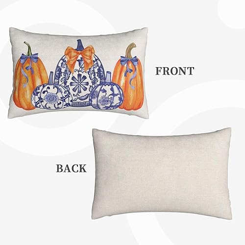 Miniatura 152 de Juego de 2 fundas de almohada de otoño de 18 x 18 pulgadas, hojas de arce de calabaza y búfalo a cuadros, decoración de otoño, de lino, Acción