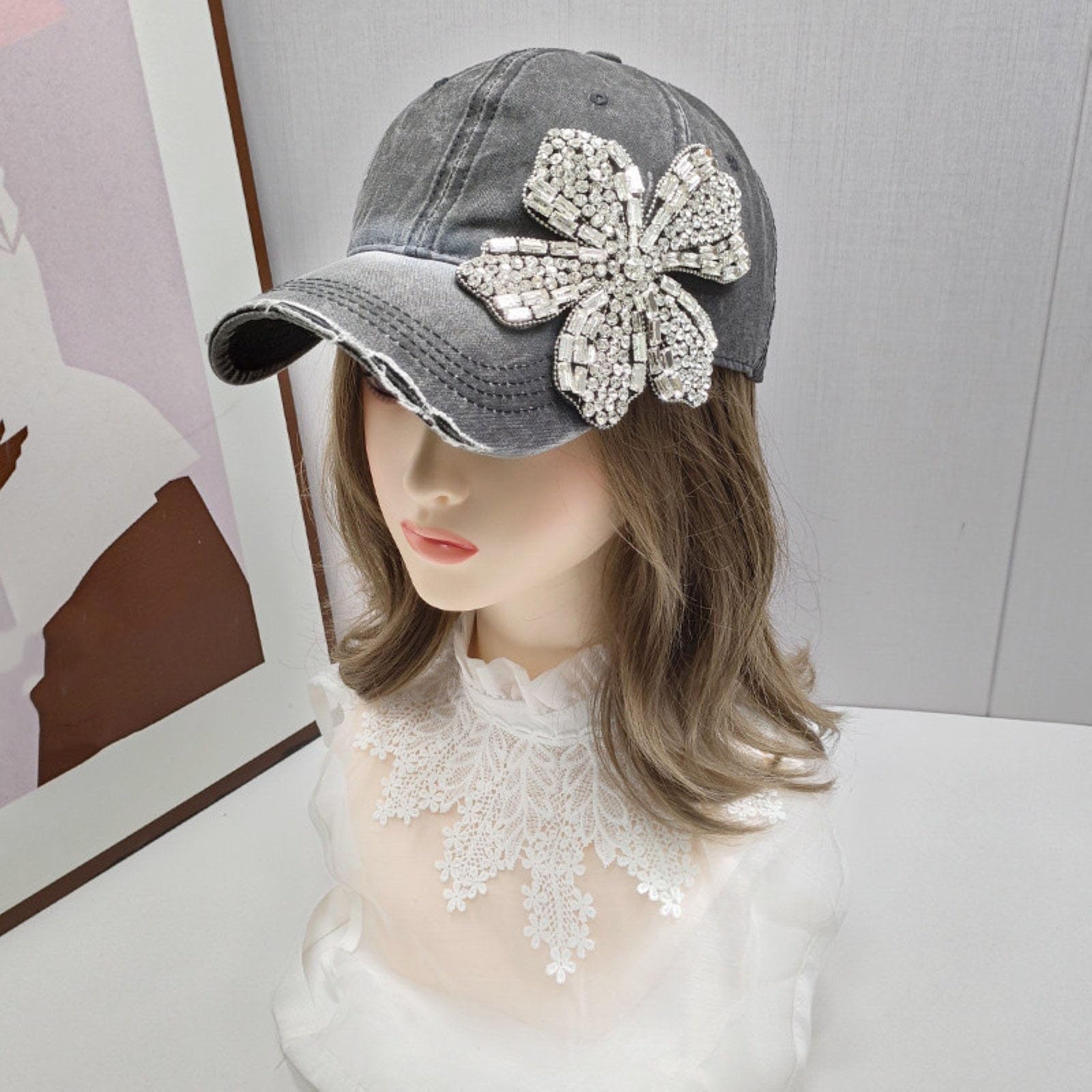 Cappellino Da Baseball Da Donna in Denim Lucido Con Strass Vintage Effetto Invecchiato Con Fiori Scintillanti Regolabile Modello Trucker
