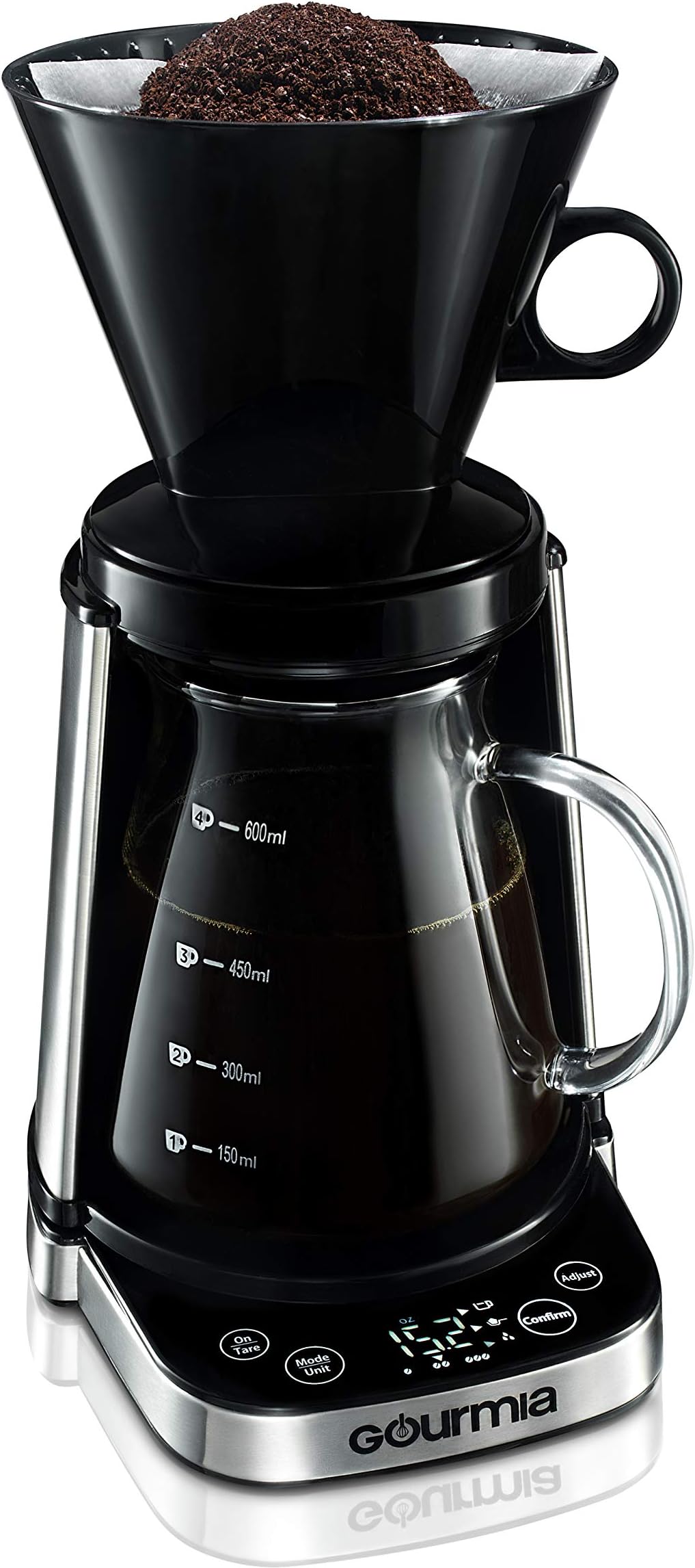Gourmia GCM3250 Digital Touch Pour-Over Coffee Maker - Automatic and Manual Mode - Integrated Scale - Battery-Powered - 20-Ounce Capacity