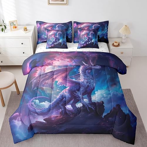 7 Pieces Purple Dragon Comforter Set Queen,Trippy Galaxy Bed Set for Kids Boys G
