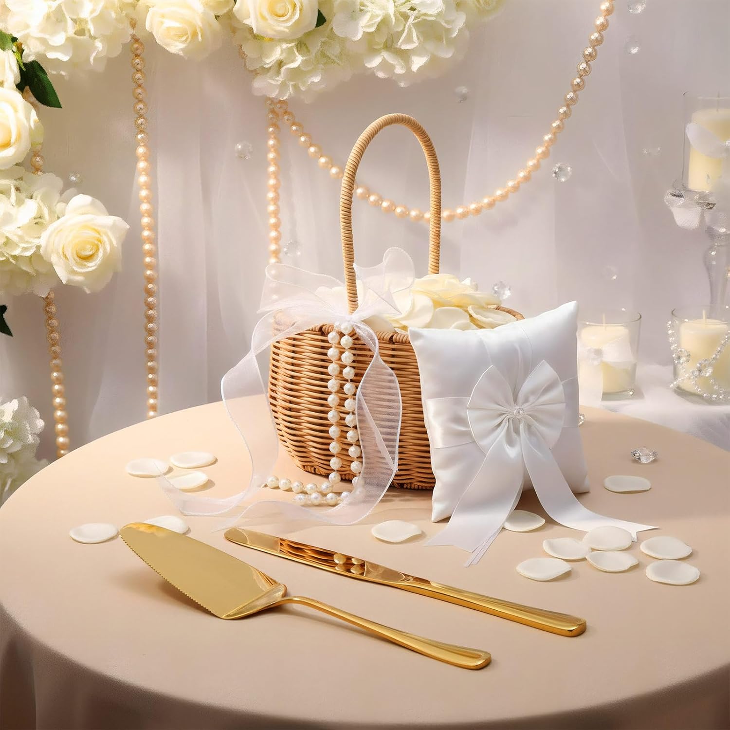 4 Pack Flower Girl Basket with Ring Bearer Pillow, 300 Pcs Silk Petals and Gold Cake Cuttings, Wedding Basket with Pearl and Bow, Wedding Essentials Bundle Set for Ceremony Bridal Shower