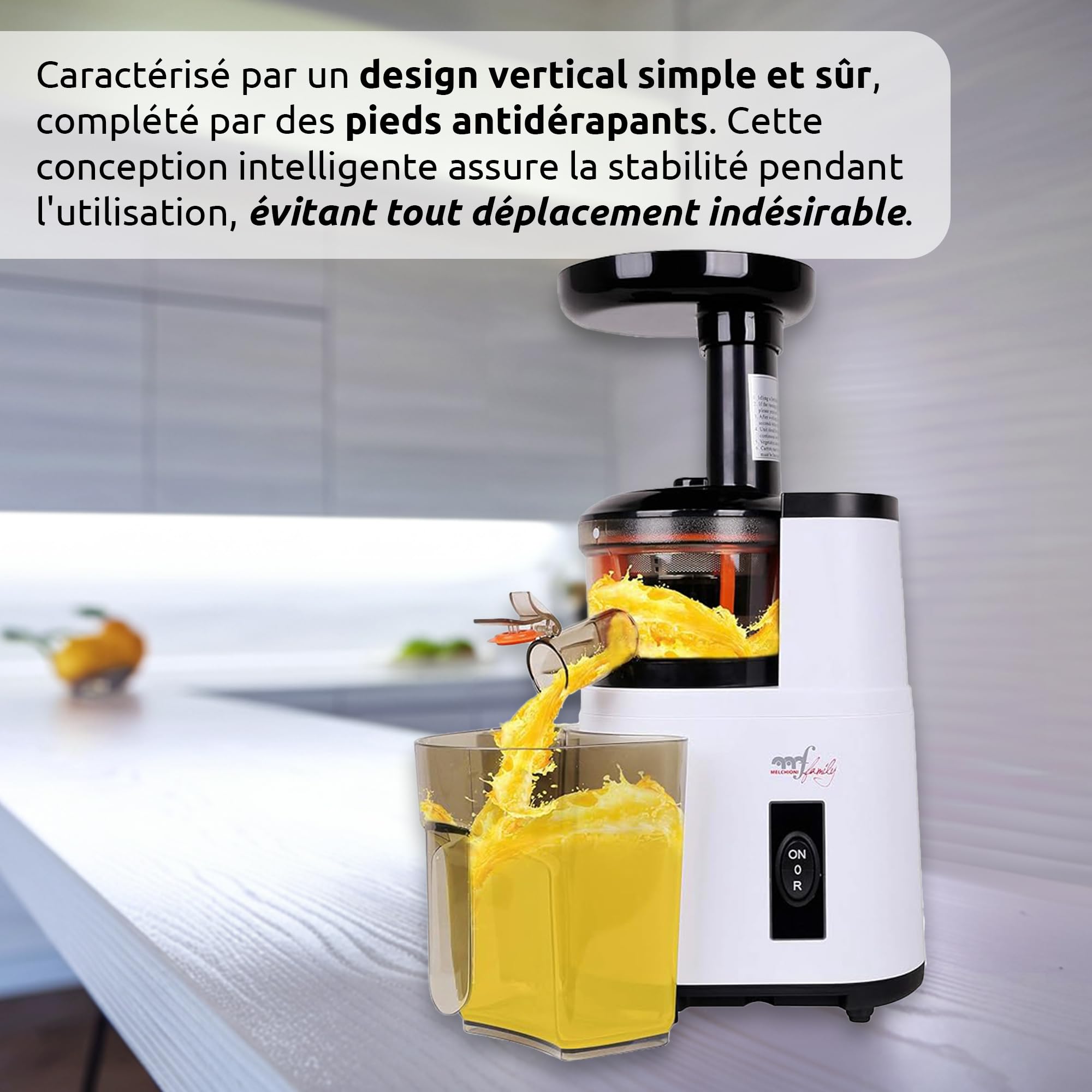 Melchioni Family | Extracteur de Jus de Fruits et Légumes à Froid VEGA, Extraction Lente pour Préserver les Vitamines, Antioxydants et Nutriments, Démontable, 150W, Sans BPA et BPS, Acier Inoxydable