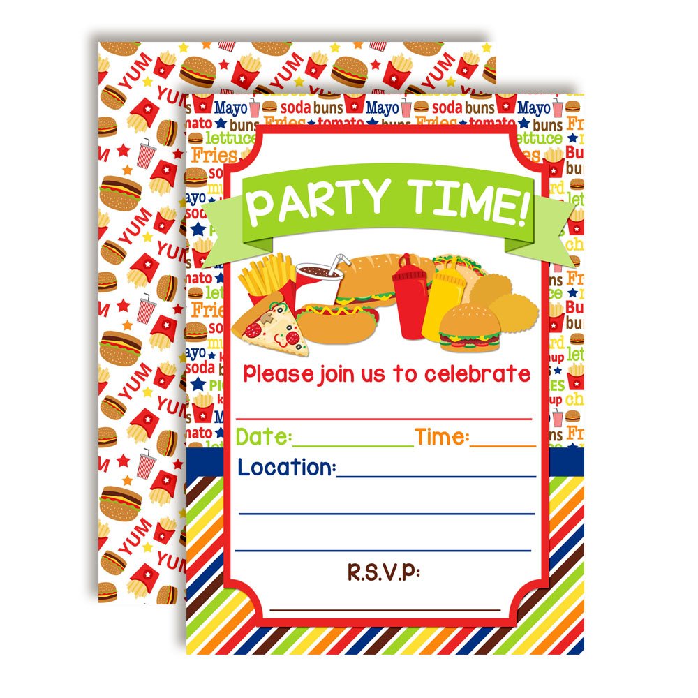 Junk Food Birthday Party Invitations with Pizza, Hot Dogs, Pop Corn, Hamburgers, Fries and More! 20 5x7 Fill In Cards with Twenty White Envelopes by