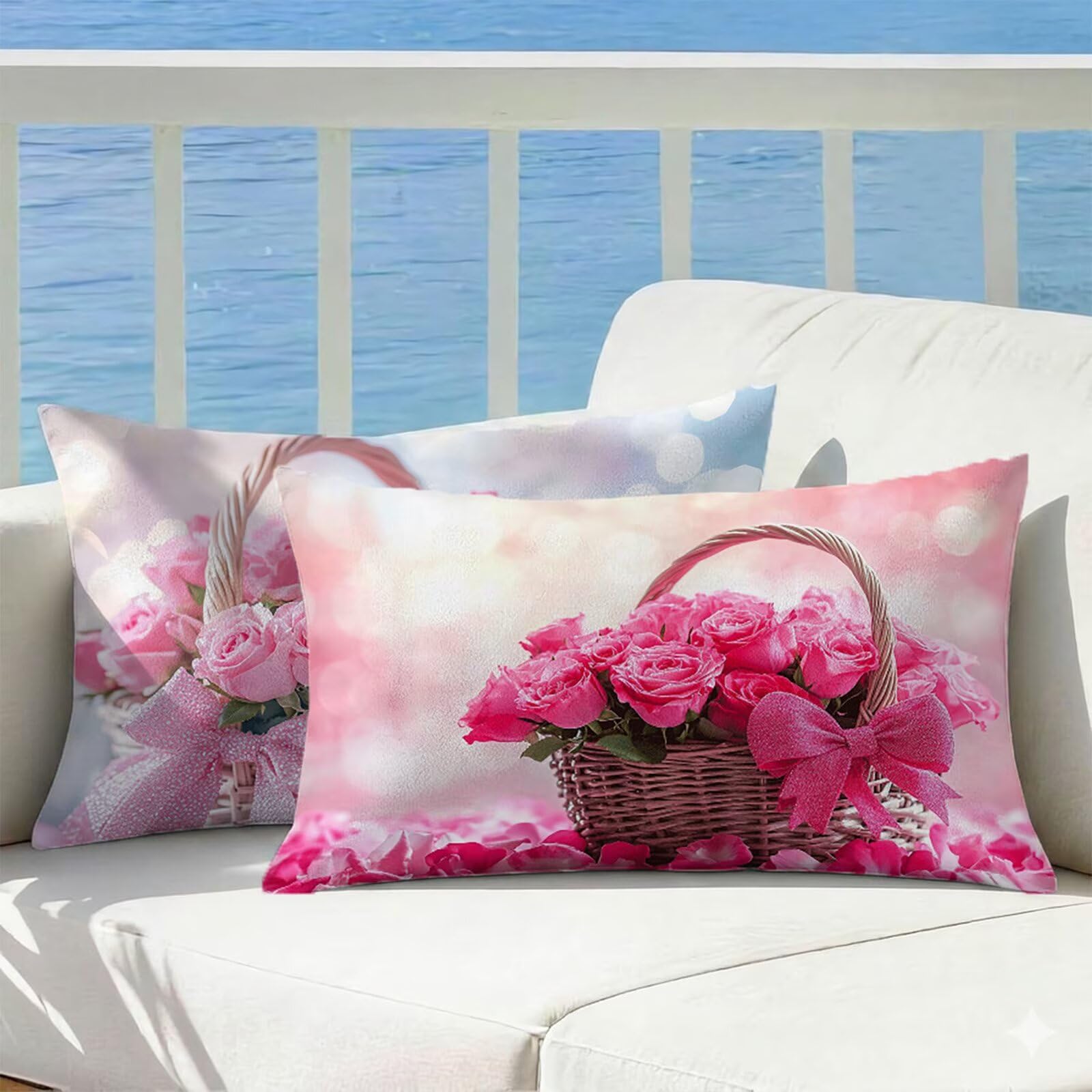 Housse coussin exterieur impermeable 60x80 lot de 2 lin rose taie oreiller canape salon