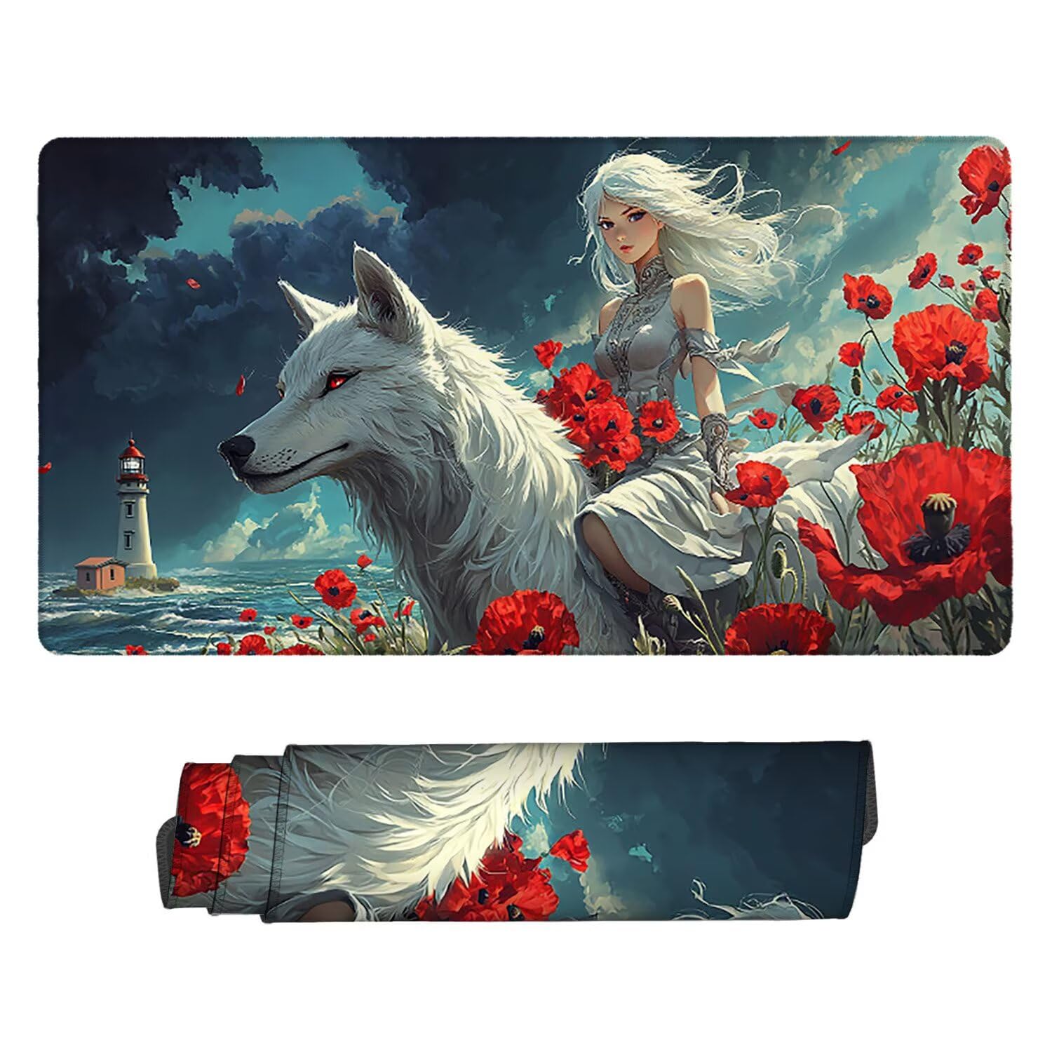 Tappetino per Mouse XXL 1200 x 600 mm Tappetino Mouse Gaming Grande, Mousepad con Base in Gomma Antiscivolo, Tappeto per Tavolo da Gaming per Mouse e Tastiera Accessori (lupo ragazza paesaggio) H-519