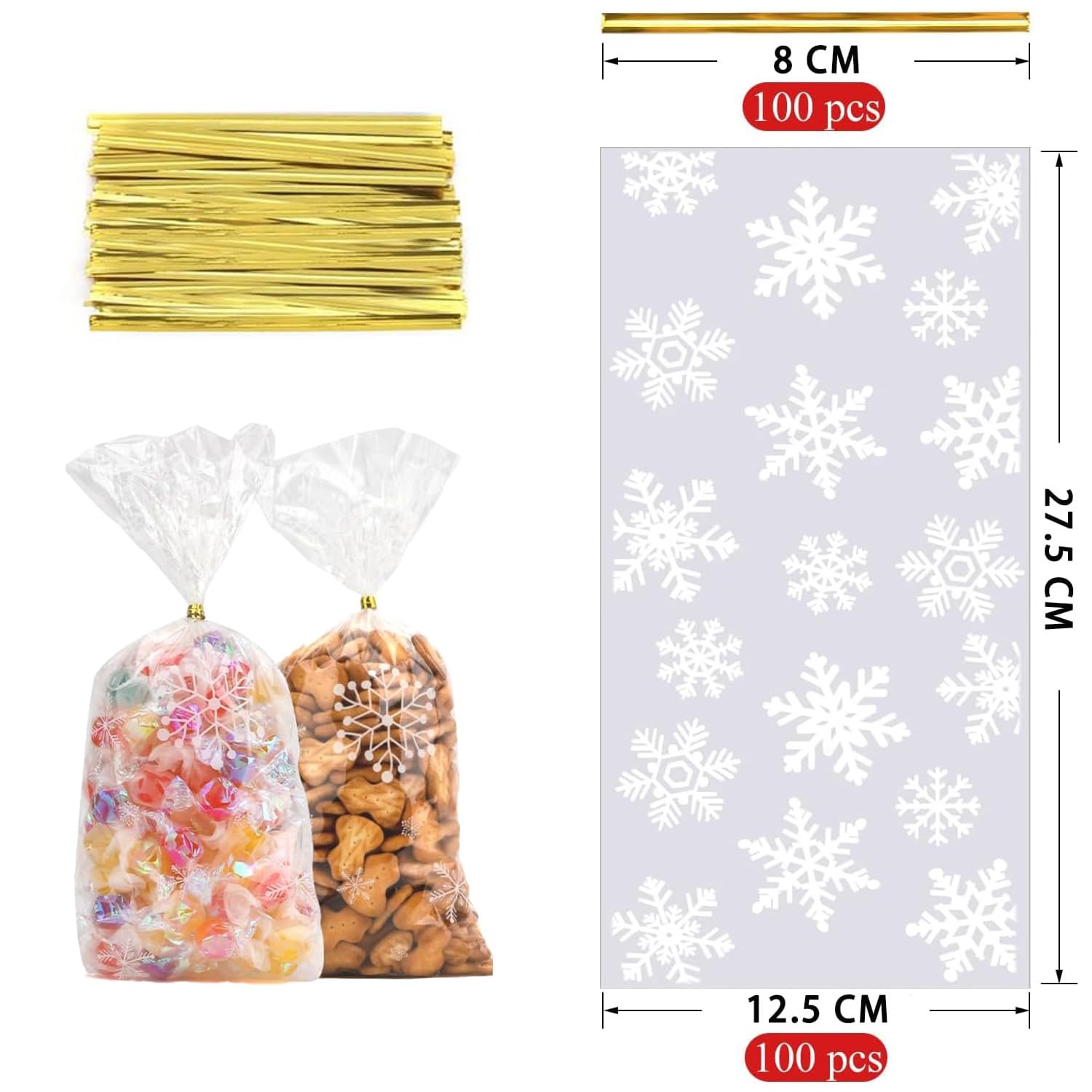 Confezione Da 100 Sacchetti Per Biscotti Natalizi, Sacchetti Per Caramelle Con Fiocchi Di Neve, Sacchetti In Cellophane Trasparente Con 100 Lacci, Per Caramelle, Biscotti, Cioccolatini