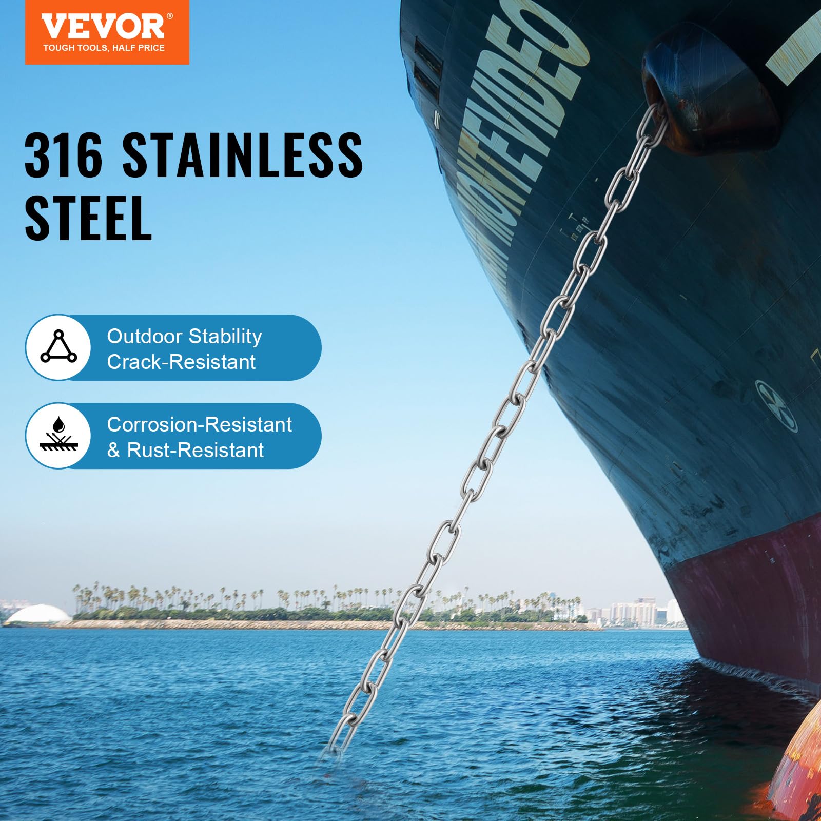 VEVOR Cadena de Ancla para Barcos 6,35 mm x 1,2 m BS, Cadena de Ancla de Acero Inoxidable 316 de Grado Marino con Grilletes de Anillo de Bloqueo Doble para Cubierta, Funciona con Varios Anclas