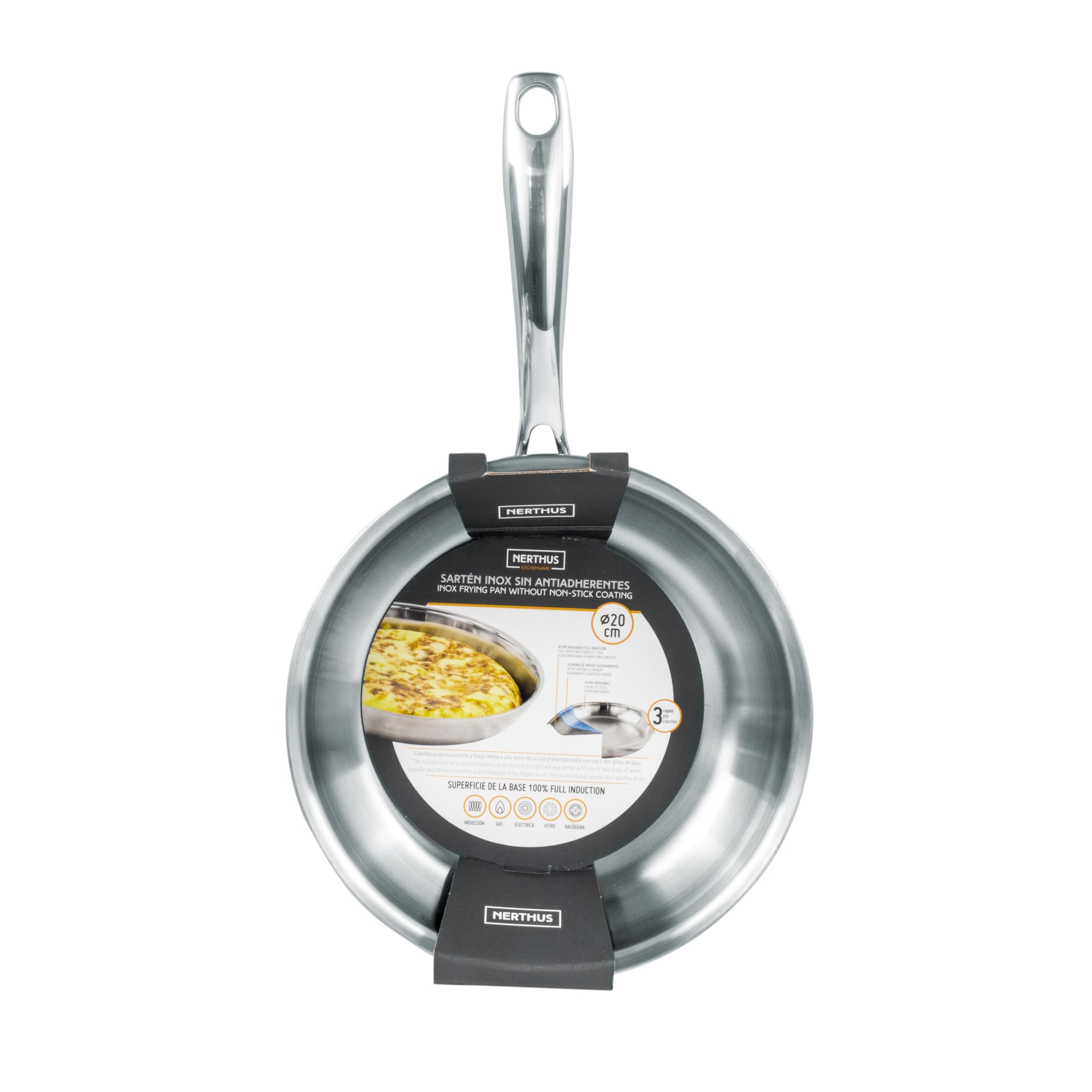 Nerthus FIH 1579 sartén de acero inoxidable 3 capas base full induction, sin antiadherente, compatible con todo tipo de cocinas, profesional y duradera