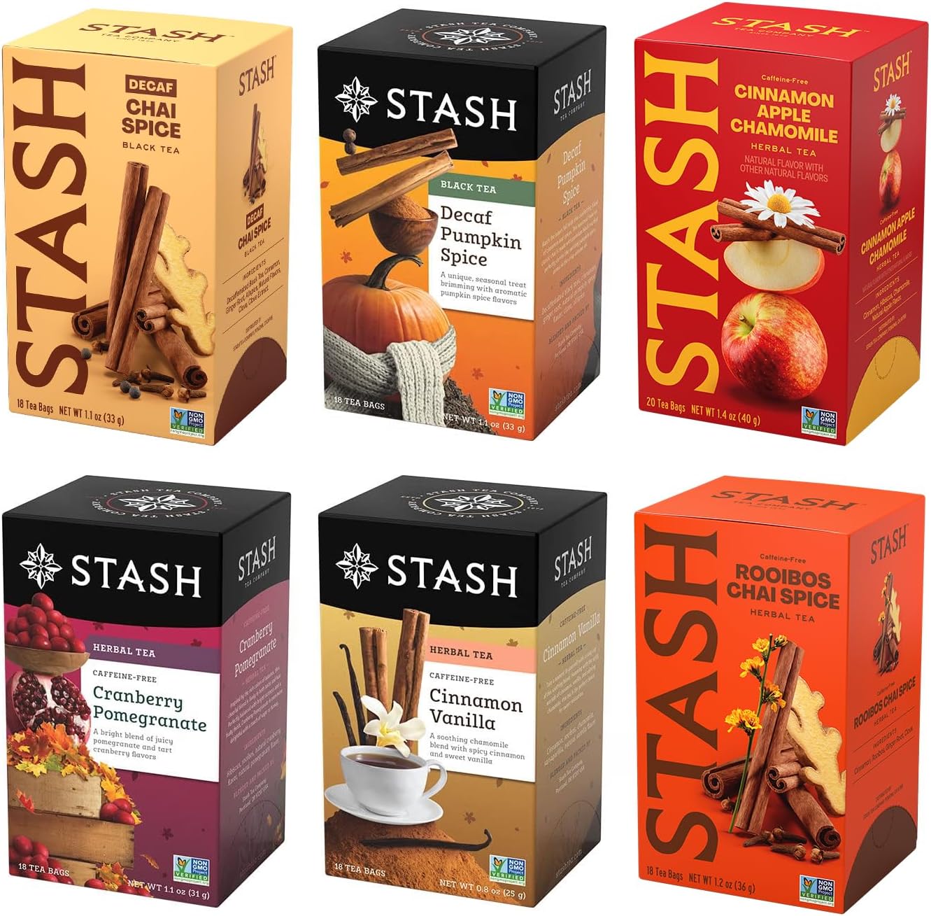Stash Tea Fall for Autumn 6 Flavor Tea Sampler, 6 Boxes With 20 Tea Bags Each (120 Tea Bags Total)