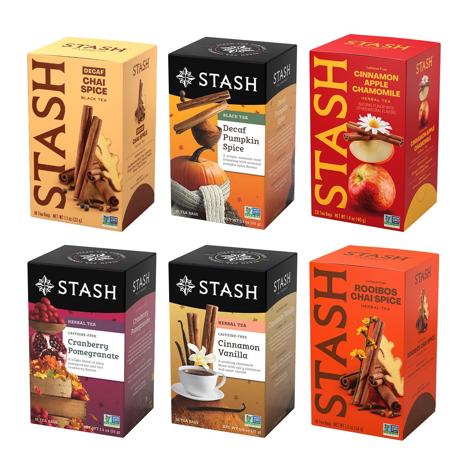 Stash Tea 6-Flavor Assortment Tea, Fall for Autumn, 6 Count