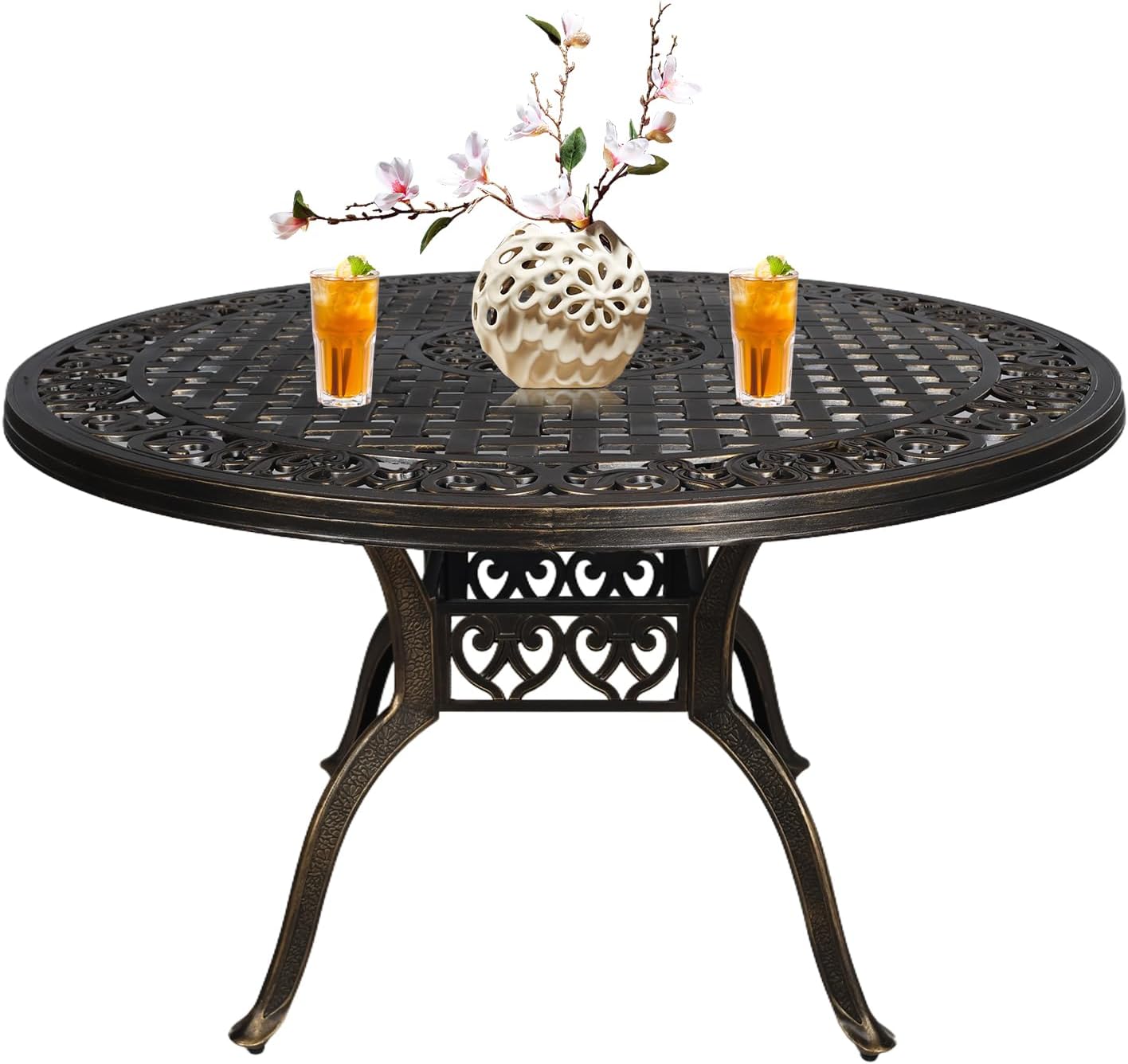 48" Cast Aluminum Outdoor Dining Table,Dining Conversation Side Table, Patio Bistro Table with 2.36" Umbrella Hole for Backyard, Garden, Patio, Porch