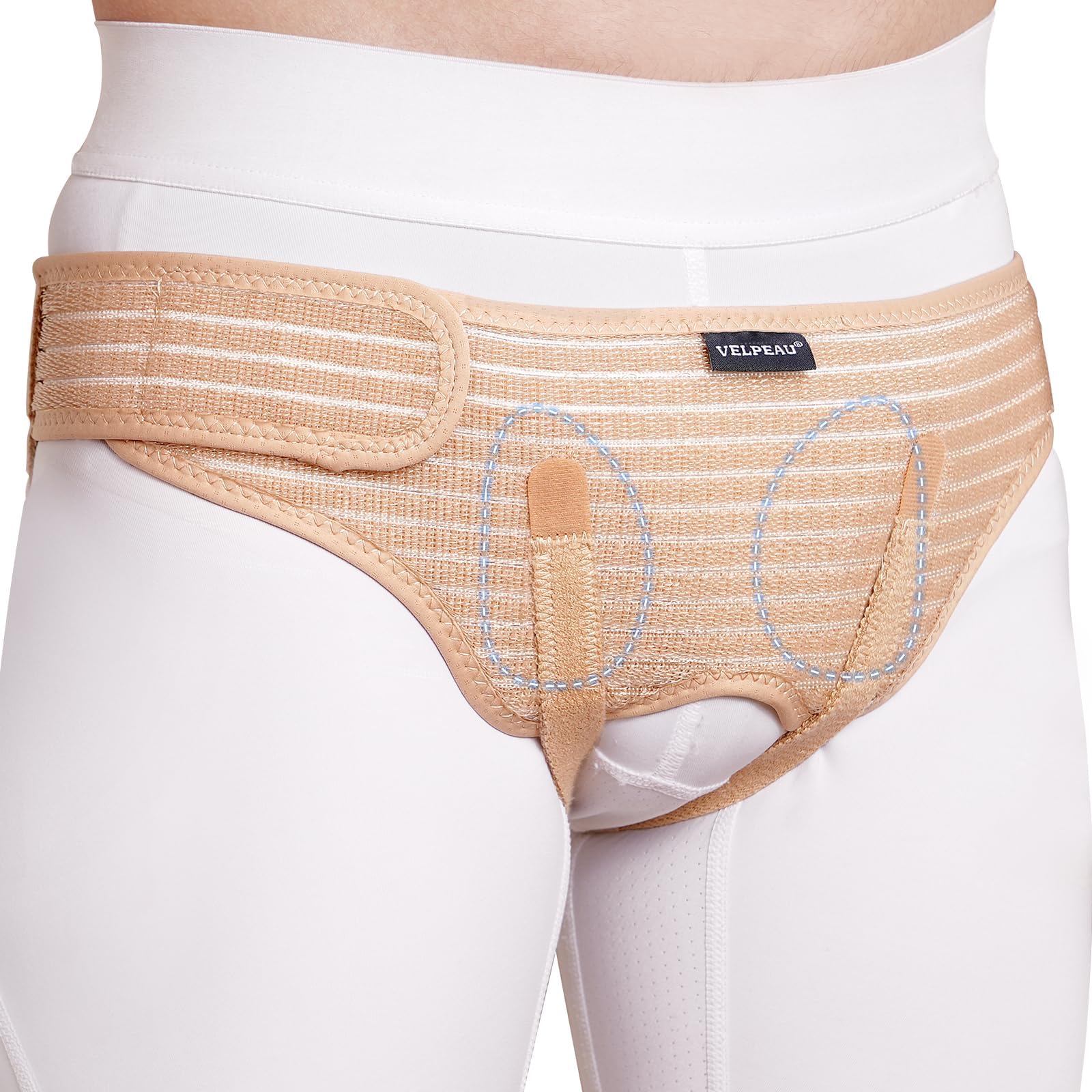 VELPEAU Hernia Belt for Men & Women - Bilateral/Double Inguinal, Groin Hernia Support Truss Underwear Briefs, Pain Relief Recovery Adjustable Strap with 2 Removable Medical Compression Pads (Khaki, M)