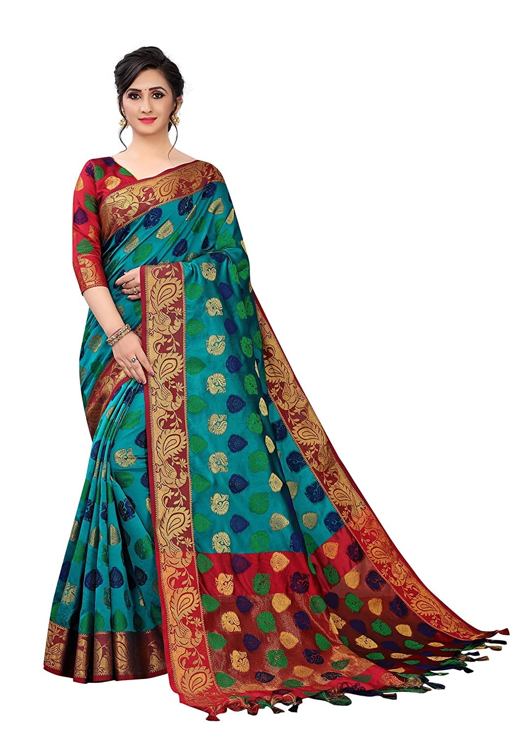Saree For Women Indian Saree Saree For Ladies Sarees women cotton saree With Unstitched banarasi silk saree Blouse Piece, Turquoise, M