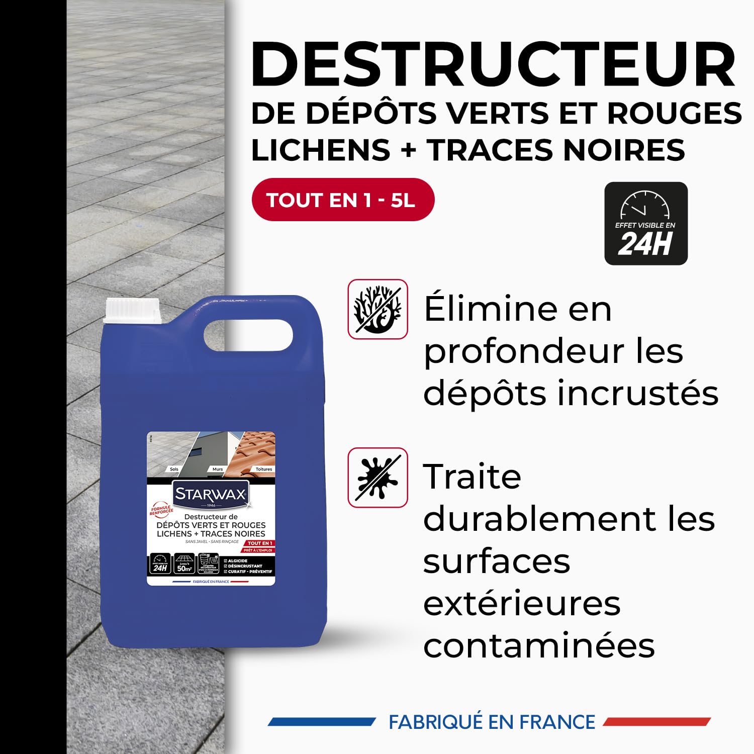 STARWAX Destructeur de dépôts verts rouges lichens et traces noires 5L, prêt à l'emploi, toitures murs et sols extérieurs, action algicide curative et préventive, sans javel et sans rinçage, 10m²/L
