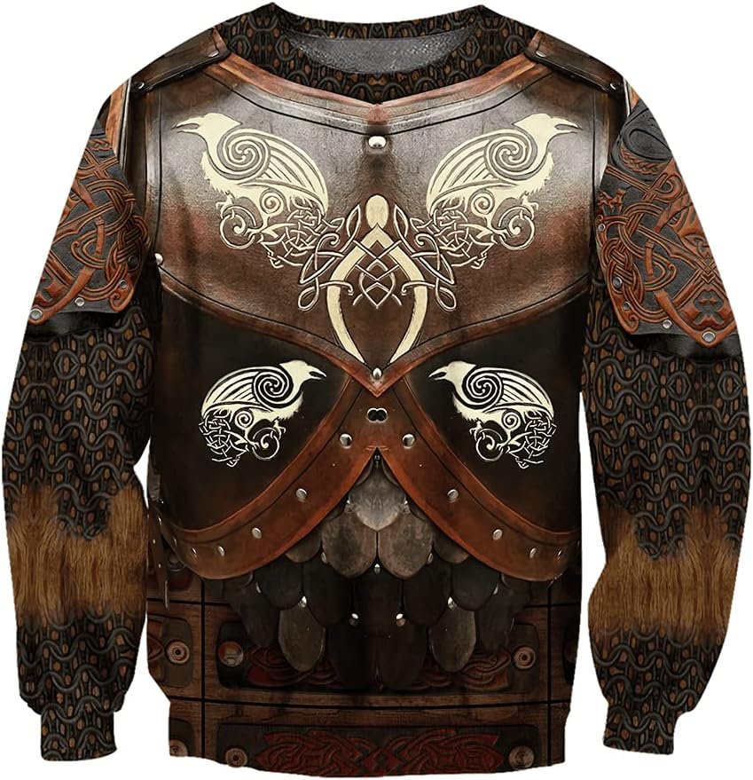 Mens 3D Print Tattoo Viking Raven Armor Hoodie, Norse Odin Crow Streetwear Long Sleeve Casual Sweatshirt