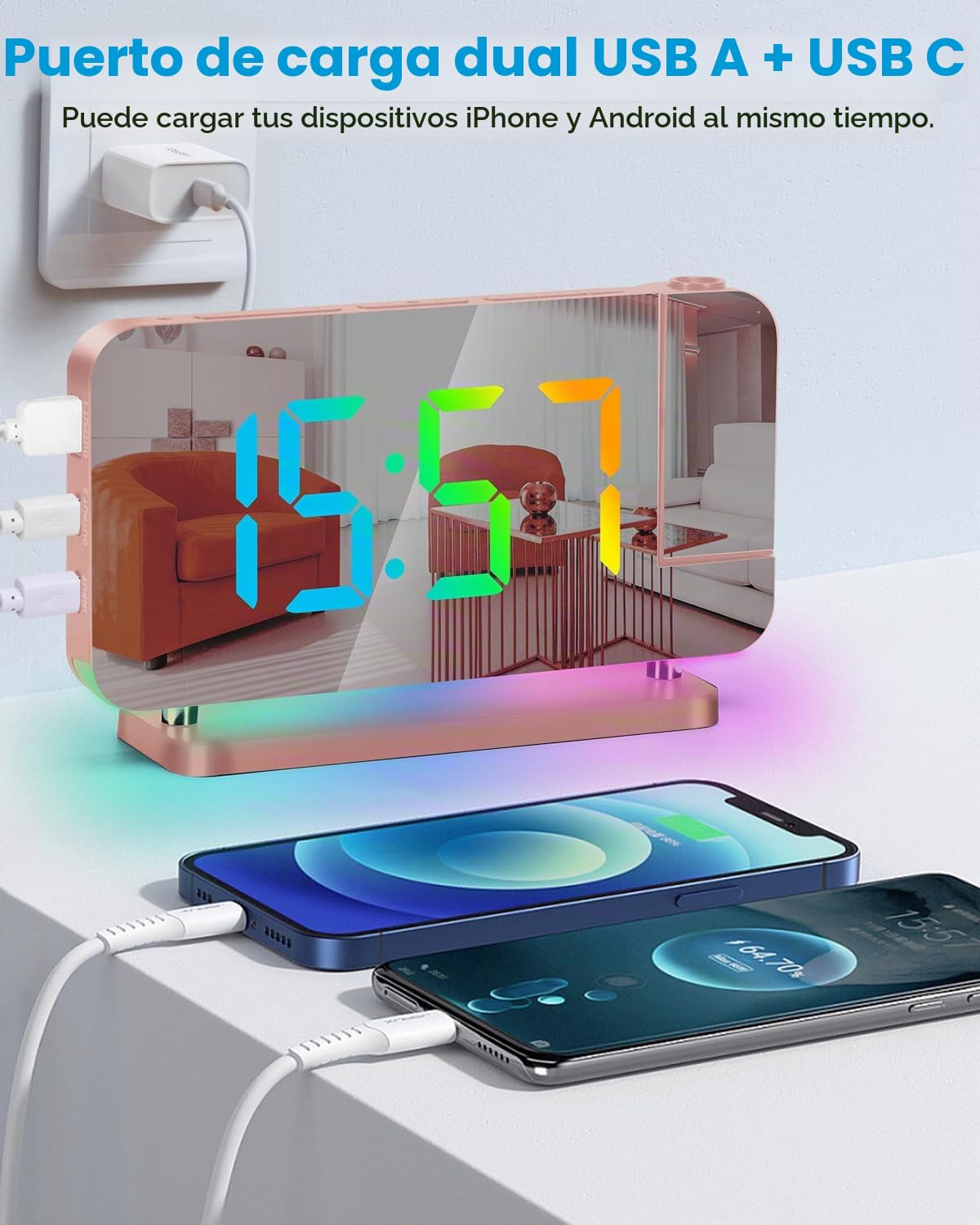 SZELAM Reloj despertador con proyección LED de 7,4 pulgadas, con proyección en la pared del techo, con luz nocturna RGB, puerto de carga USB C, atenuación automática, reloj de escritorio moderno para