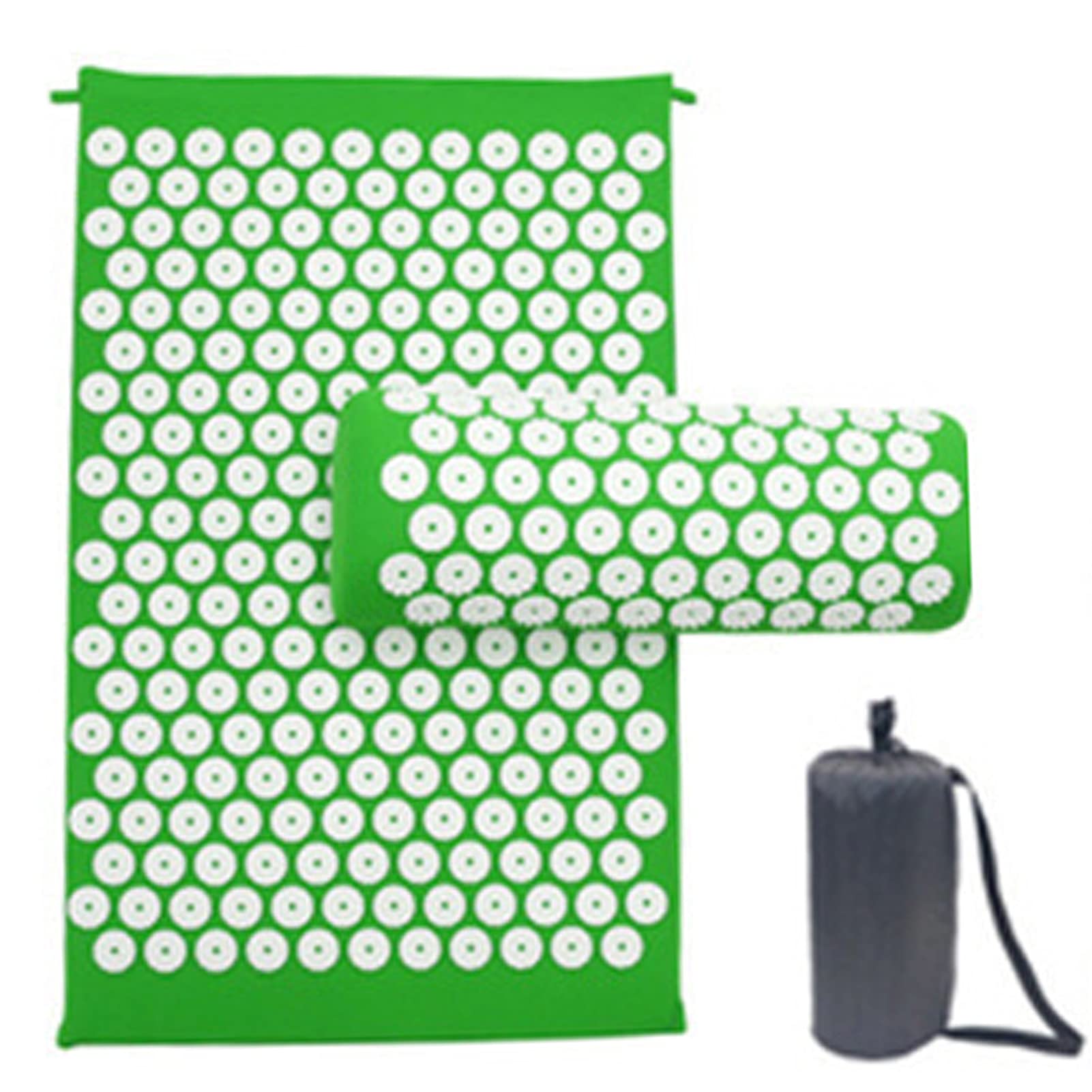 Juego de colchoneta de acupresión y almohada, para aliviar el dolor de espalda y cuello, para aliviar el estrés, con bolsa de viaje (verde)