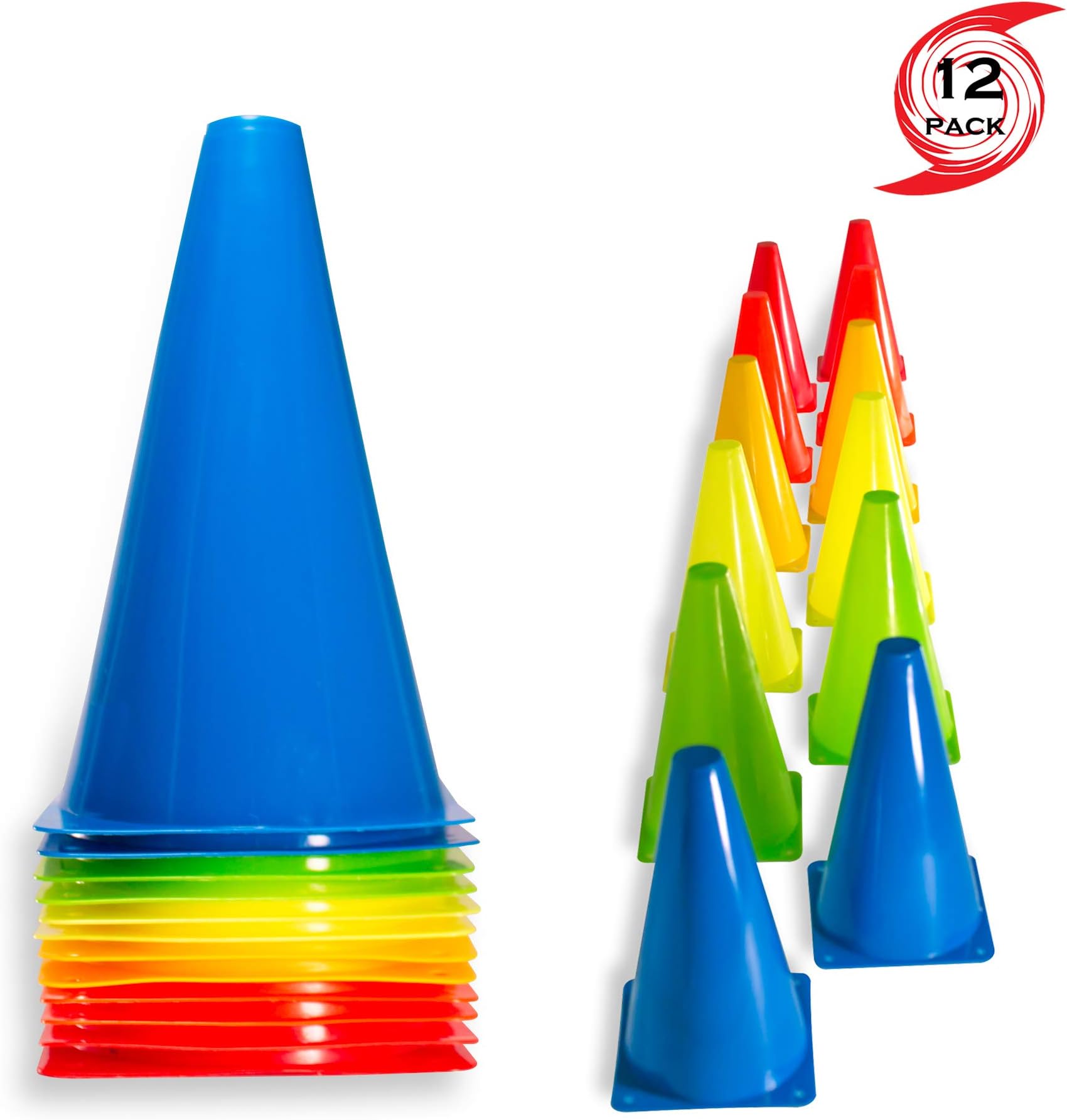 2" 9" 12" Inch Plastic Multicolored Cones 6 12 50 Pack Set - Perfect for Soccer, Football, Basketball Coaching, Agility Drill Training Field Marker. Traffic Cones (9 Inch)