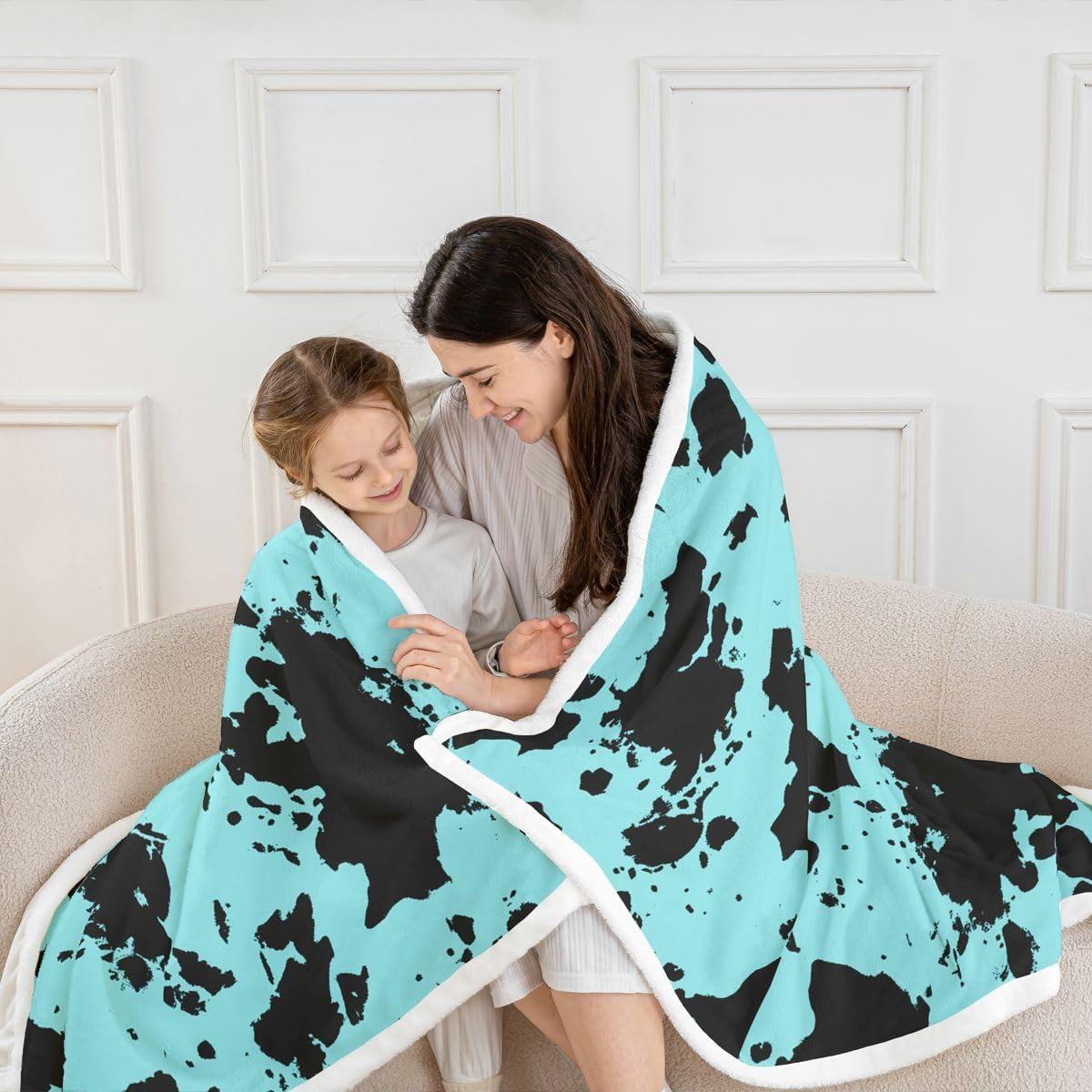 Feelyou Cow Print Sherpa Blanket Plush Fuzzy Cartoon Milk Cow Fleece Throw Blanket Boys Girls Blue Black for Bed Couch Chair Living Room Leopard Bedroom Decor 40"x50" image 5