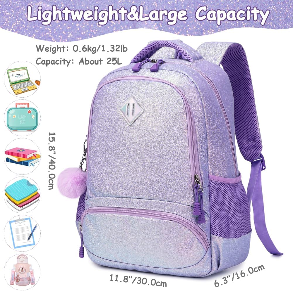 School Backpack for Girls Shiny Glitter Sparkly Bookbag for Kids Elementary Middle School Bags for Girl Blingbling Purple - Image 2