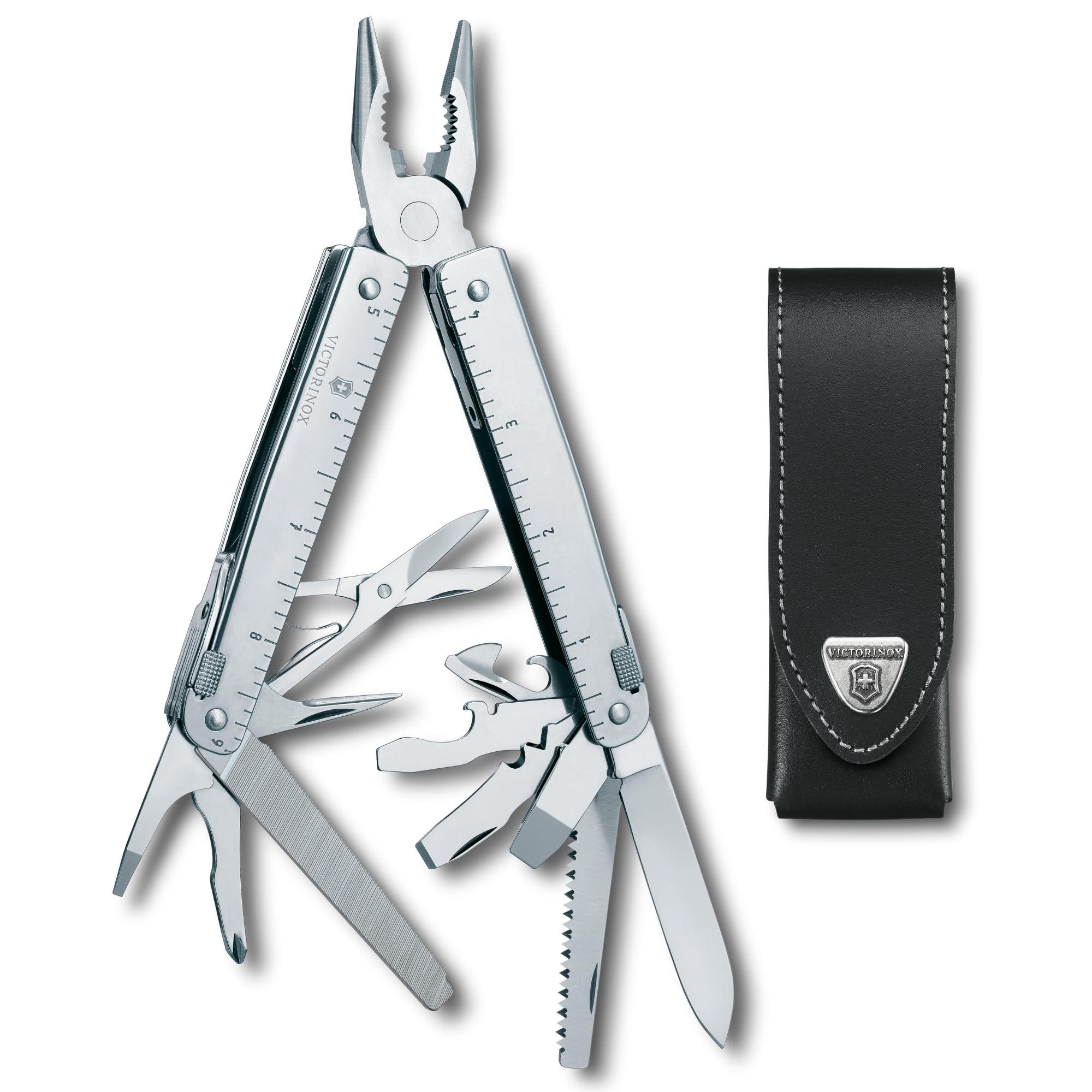 Victorinox Multifunktionswerkzeug Swiss Tool X, 26 Funktionen, Swiss Made, Multitool mit Feststellklinge, Inkl. Leder-Etui, Silber