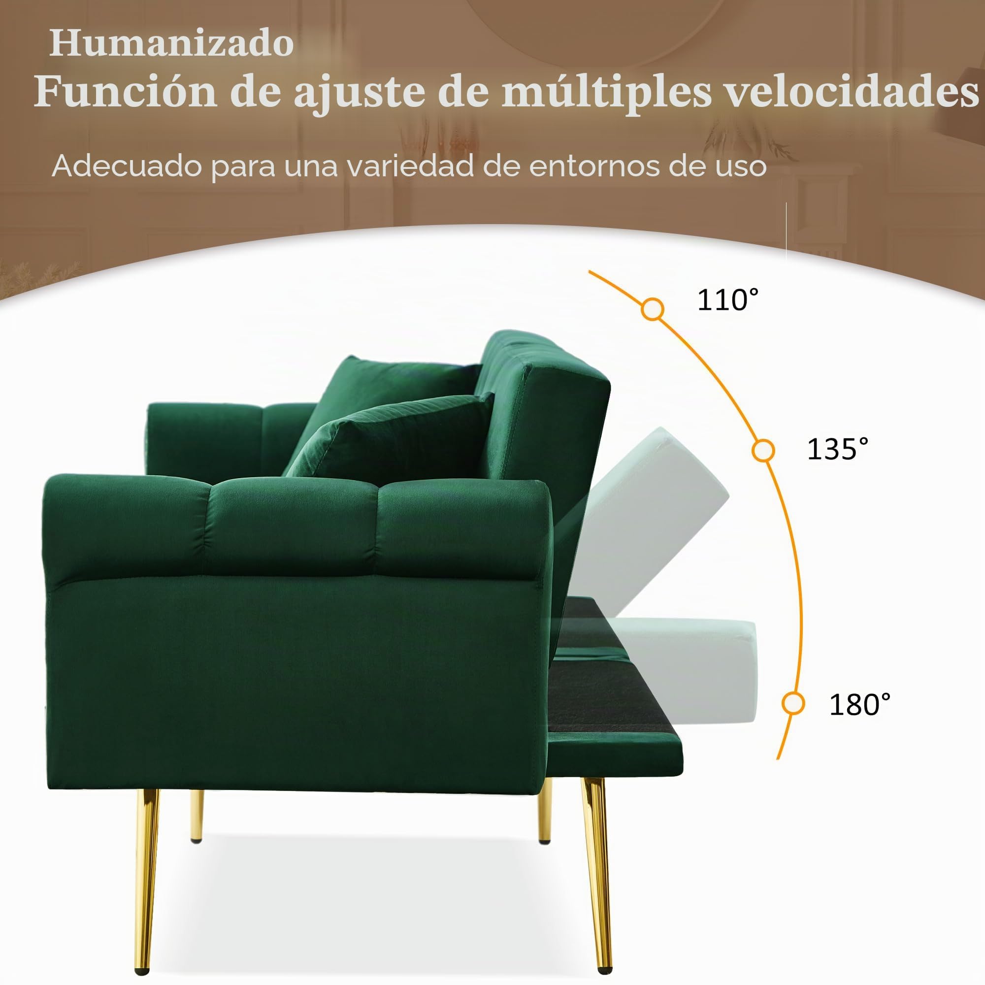 Azkoeesy Elegante sofá cama de 2 plazas, tapizado en terciopelo, 178 cm, con 3 niveles de ajuste, patas de metal dorado, 2 cojines, acabado con remaches (verde envejecido)