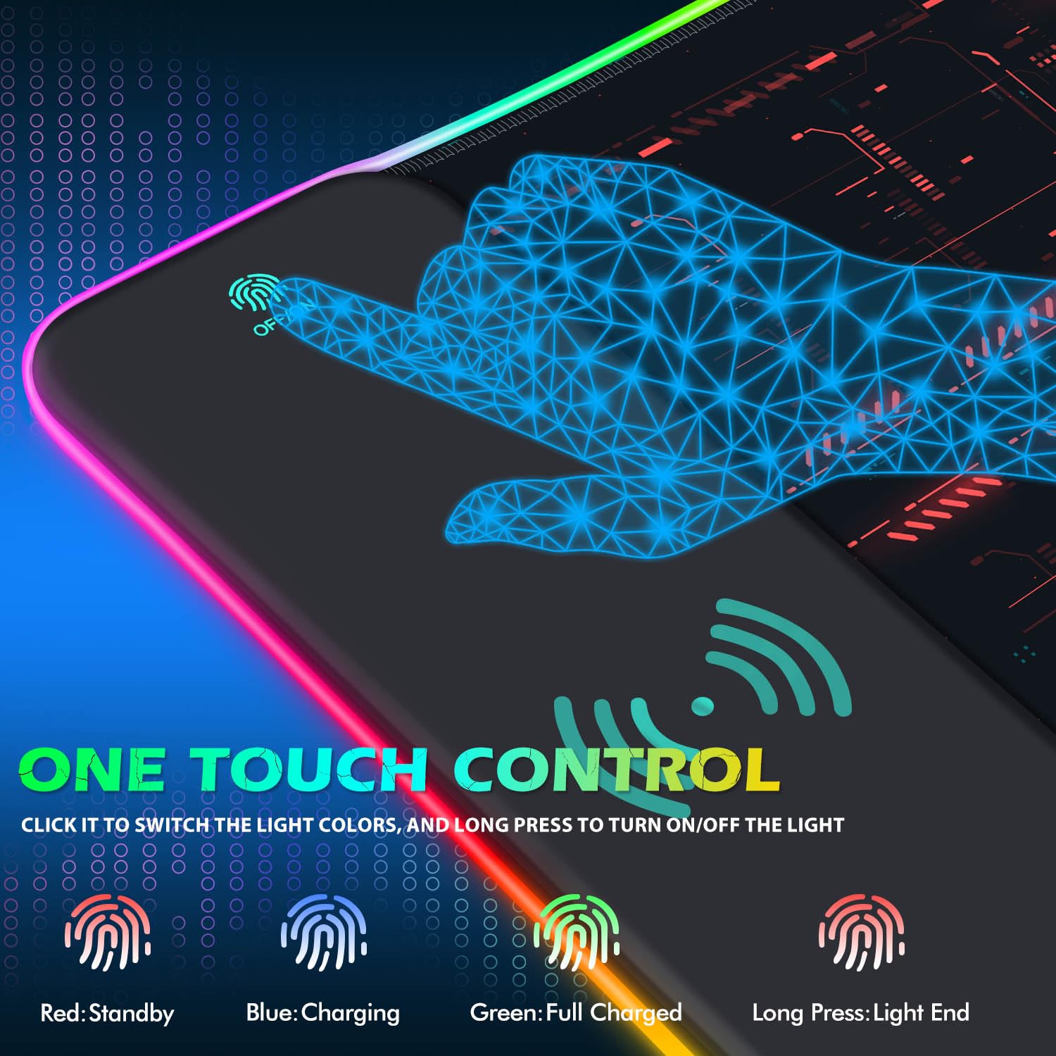 ToLuLu Tapis de souris de jeu RVB sans fil, 5/7,5/10/15 W, 10 modes d'éclairage LED, tapis de souris pour clavier d'ordinateur, 800 x 300 x 4 mm, grand tapis de bureau étendu pour jeux, MacBook,