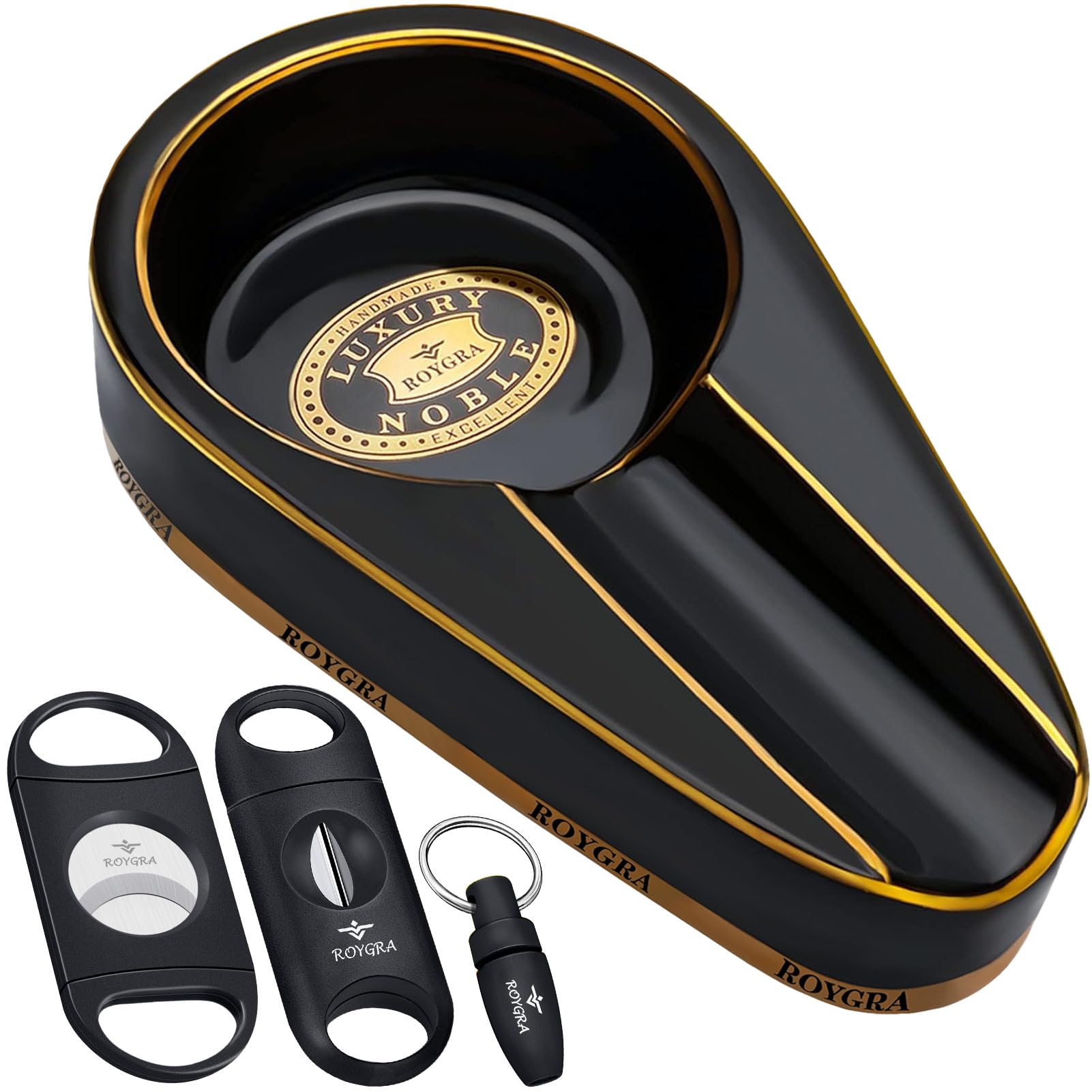 Roygra Ceramic Ash Tray, Outdoor Ashtray for Men with Holder, Cigar Smoking Accessories for Indoors and Outdoors, Home D