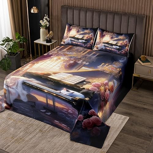 Miniatura 20 de Manfei Saxophone - Colcha para niños, tamaño Queen, juego de colcha giratoria de notas musicales con instrumentos musicales, decoración de