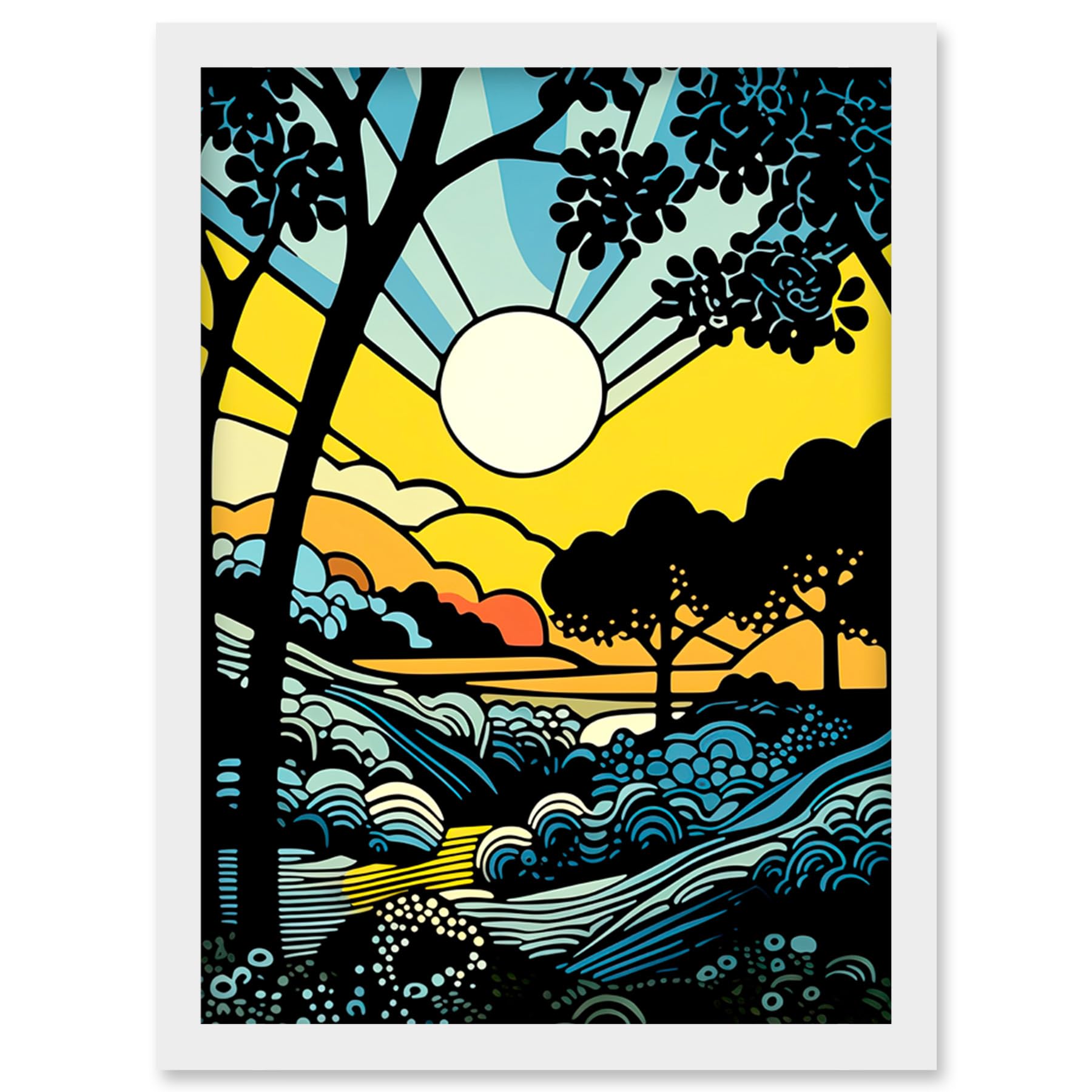 Artery8 Forest Sunrise Landscape Sun Rays Patterns Blue Orange Pop Art Comic Book Halftone Artwork Framed Wall Art Print A4