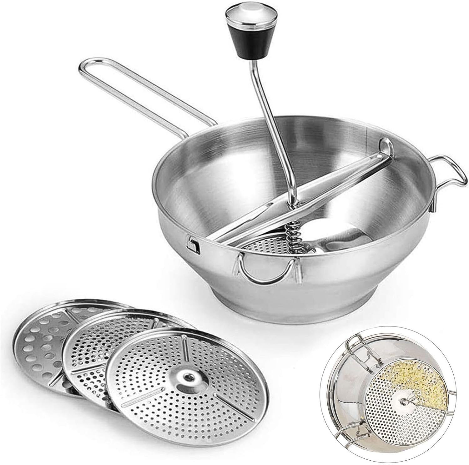 Potato Masher Stainless Steel Food Mill Manual Jams Masher Vegetable Fruit Potato Garlic Mill Grinder Mud Press for Kitchen Cooking Tomato Sauce Making