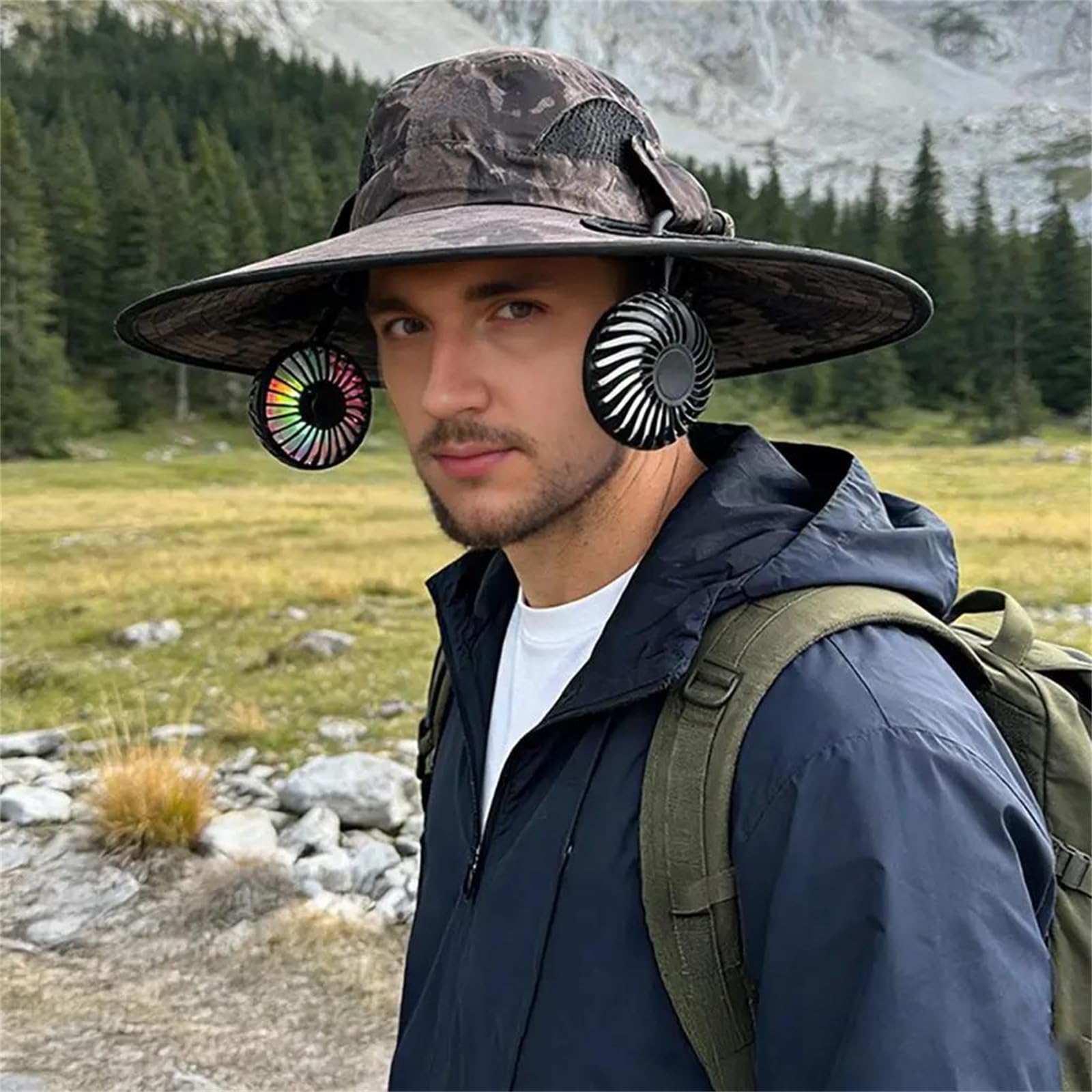 Cappello sole "bucket" con doppia ventola – cappello refrigerante 2 in 1 | con ventole rimovibili, pale luminescenti al buio, velocità regolabile e cappello da sole a tesa larga