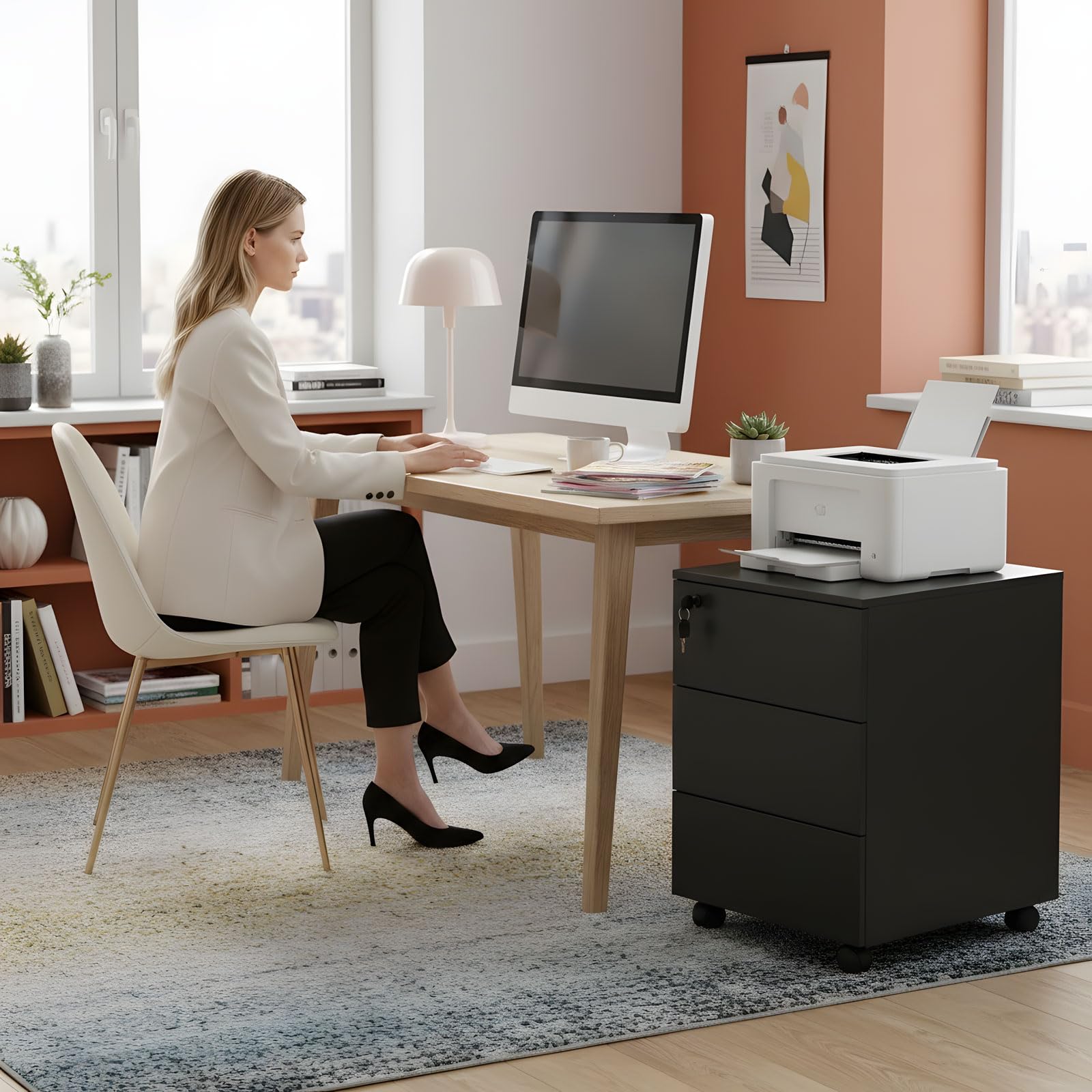 Archivador Vertical Negro con 3 Cajones y Cerradura, Gabinete de Archivo de Madera con Ruedas para Oficina y Hogar, 39x45x54 cm