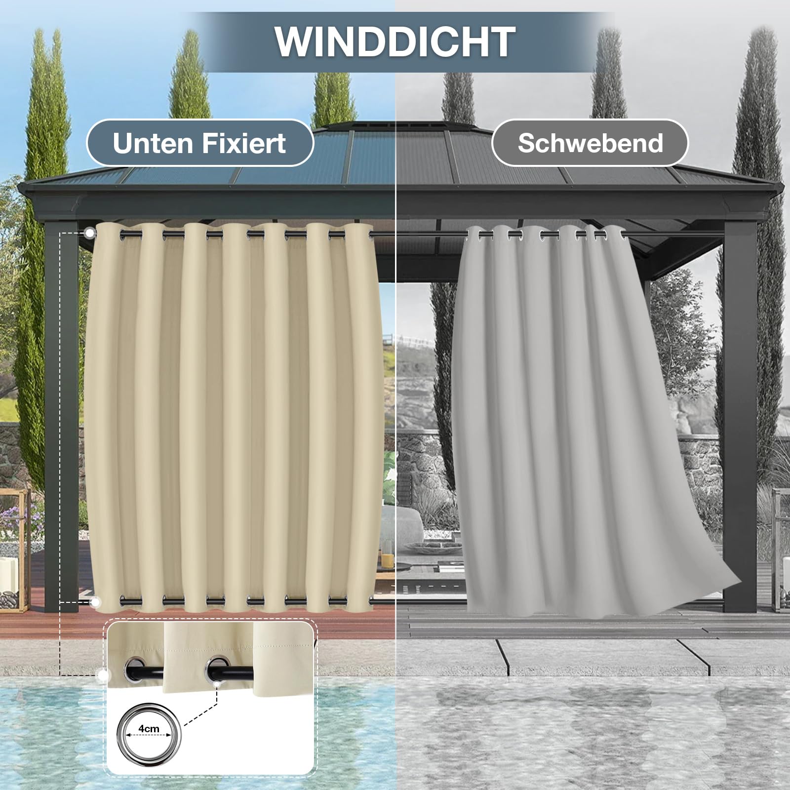 Vorhang Outdoor Wetterfest B254xH274CM, Wasserdicht Outdoorvorhänge mit Ösen, Aussen Gardinen Winddicht Sonnenschutz Sichtschutz für Garten Terrasse Balkon Pergola Pavillon (Beige)