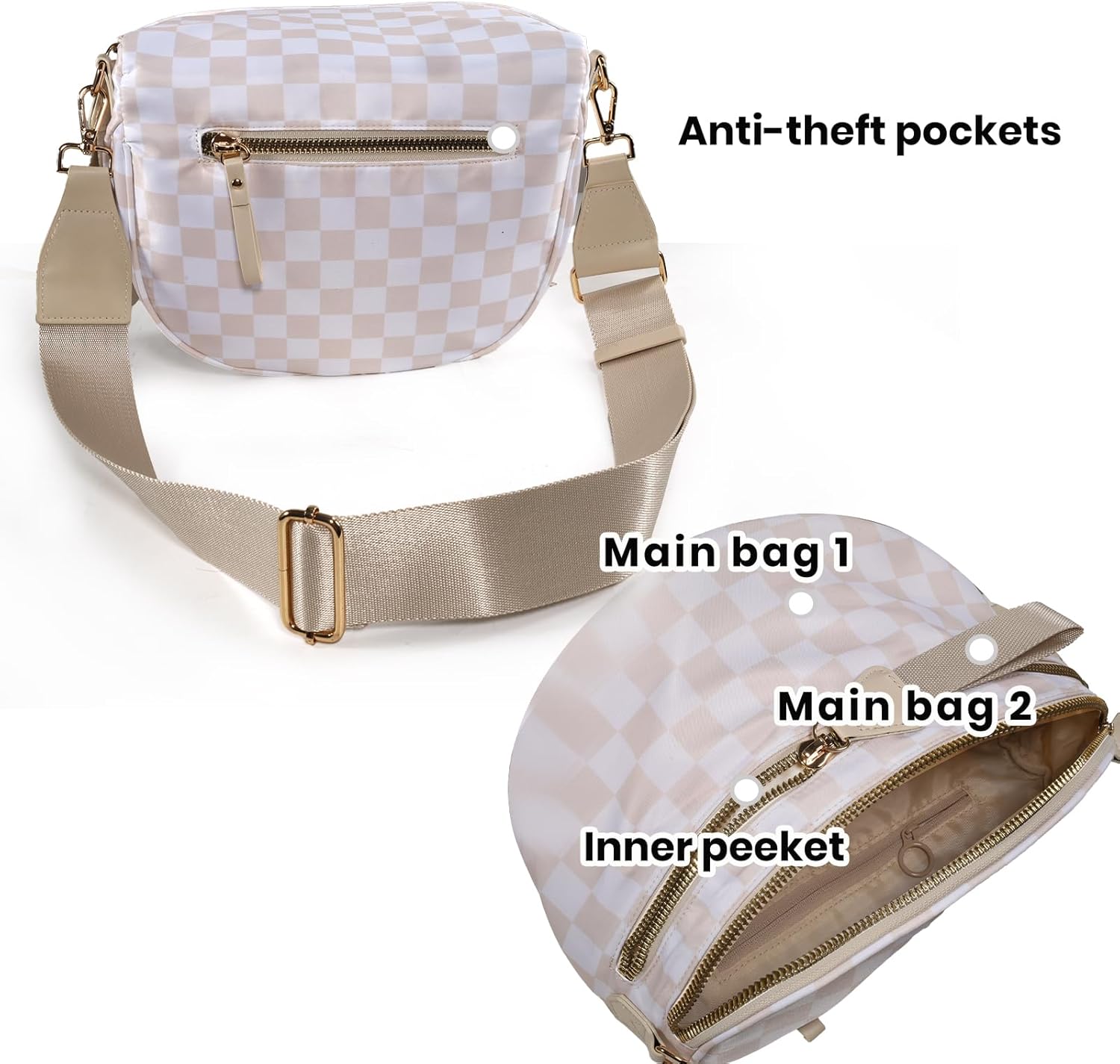 Checkered Crossbody Bag Bum Bags for Women, Spacious Nylon Fanny Packs Belt Wallet (beige checkered) - Image 5