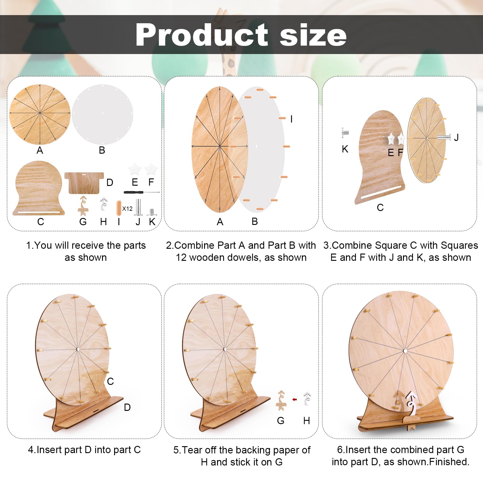 Gosknor 30cm Ruota dei Premi Che Gira, 12 Slot da Tavolo Gioco della Ruota della Fortuna Legno Prize Wheel con Supporto per Giochi di Filatura Fiere Carnevale attività per Le Vacanze