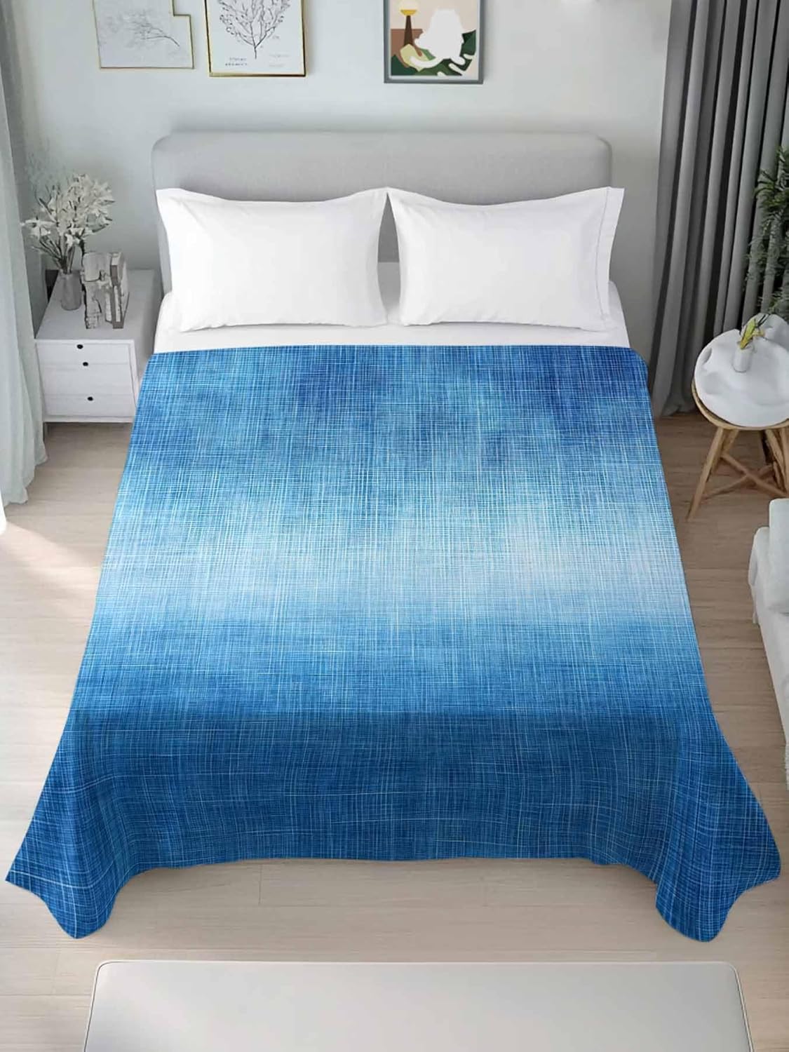 Top Sheet Full Bedding Flat Sheet Only, Vintage Gradient Blue Texture Microfiber Bed Sheets Soft Breathable Bedding Flat Sheets, Retro Abstract Art Hotel Luxury Top Sheets