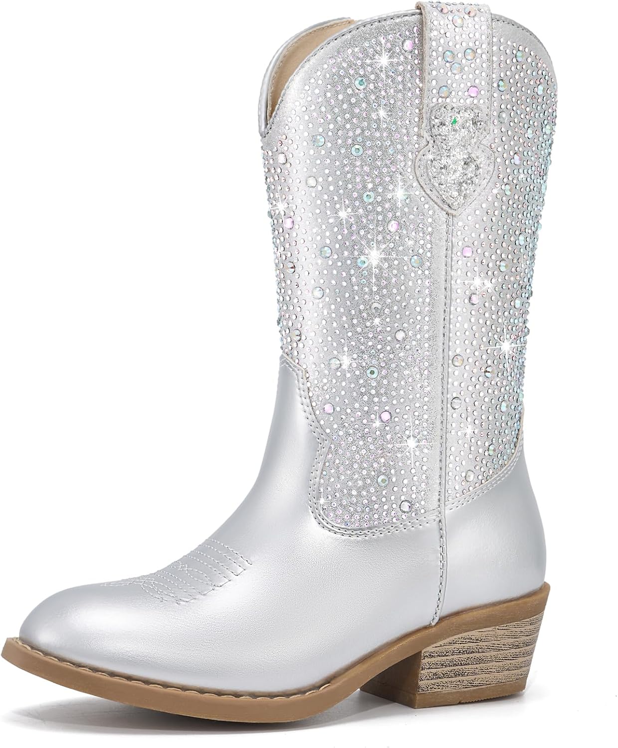 Rollda Rhinestone Girls Cowgirl Boots, Sparkly Cowboy Boots for Little Girls, Kids Sparkle Western Boots for Toddler with Round Toe Low Heel Zipper