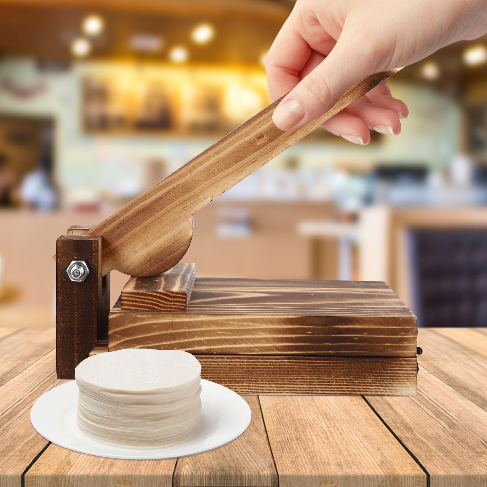 Amosfun Prensa de tortilla de madera, herramienta prensadora de masa de madera, molde grande para hacer bolas de masa para tortilla casera, roti, taco, prensa de masa, marrón