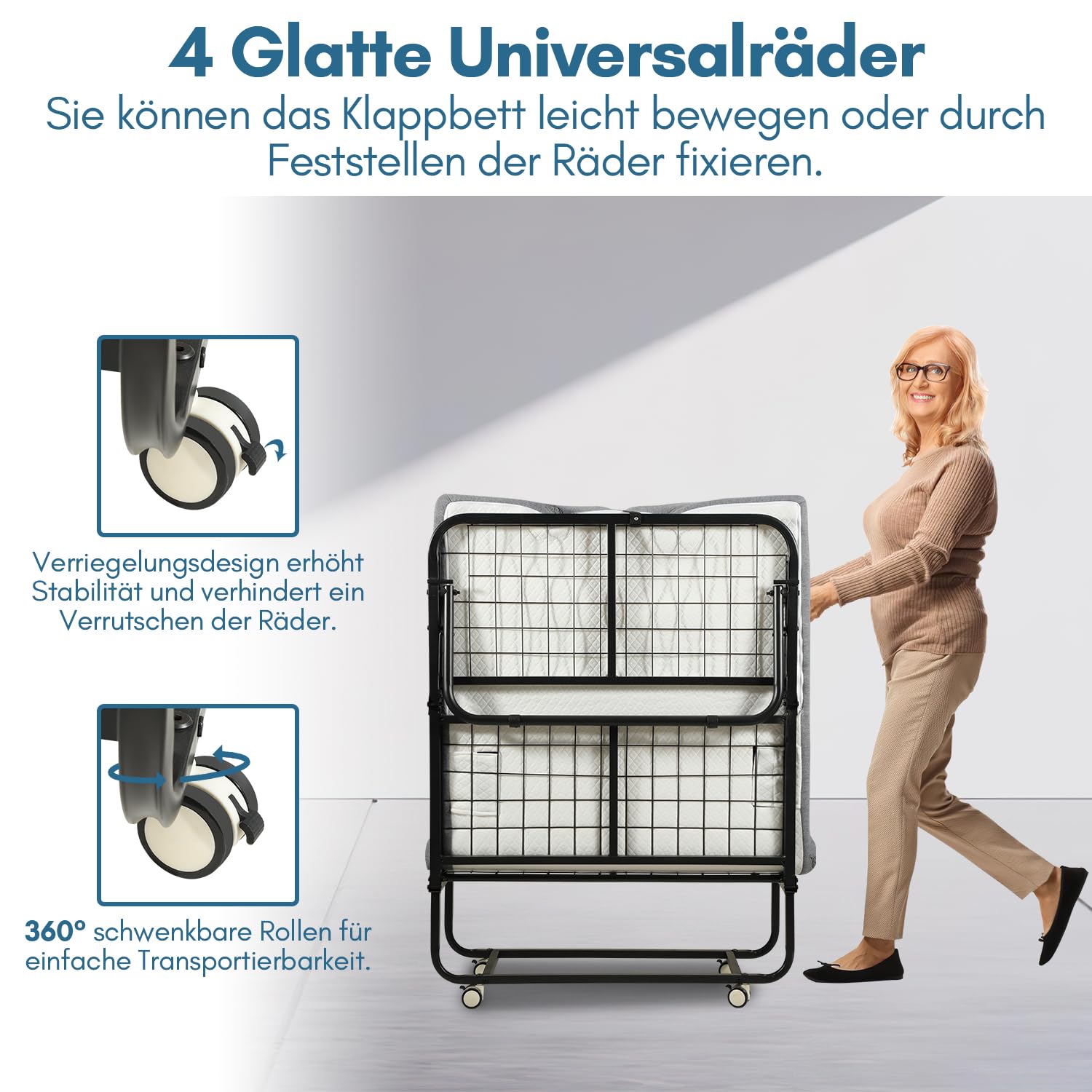 Eulenke Klappbett 90x200 cm Erwachsene Gästebett Klappbar Mit 13 cm Dicker Matratze, Faltbare Metallbett Mit Rollen, Reisebett bis 150 kg Belastbar für Schlafzimmer Wohnzimmer Büro