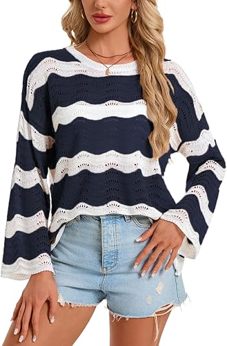 shermie Women's Long Bell Sleeve Scoop Neck Crochet Cover Up Loose Mesh Striped 