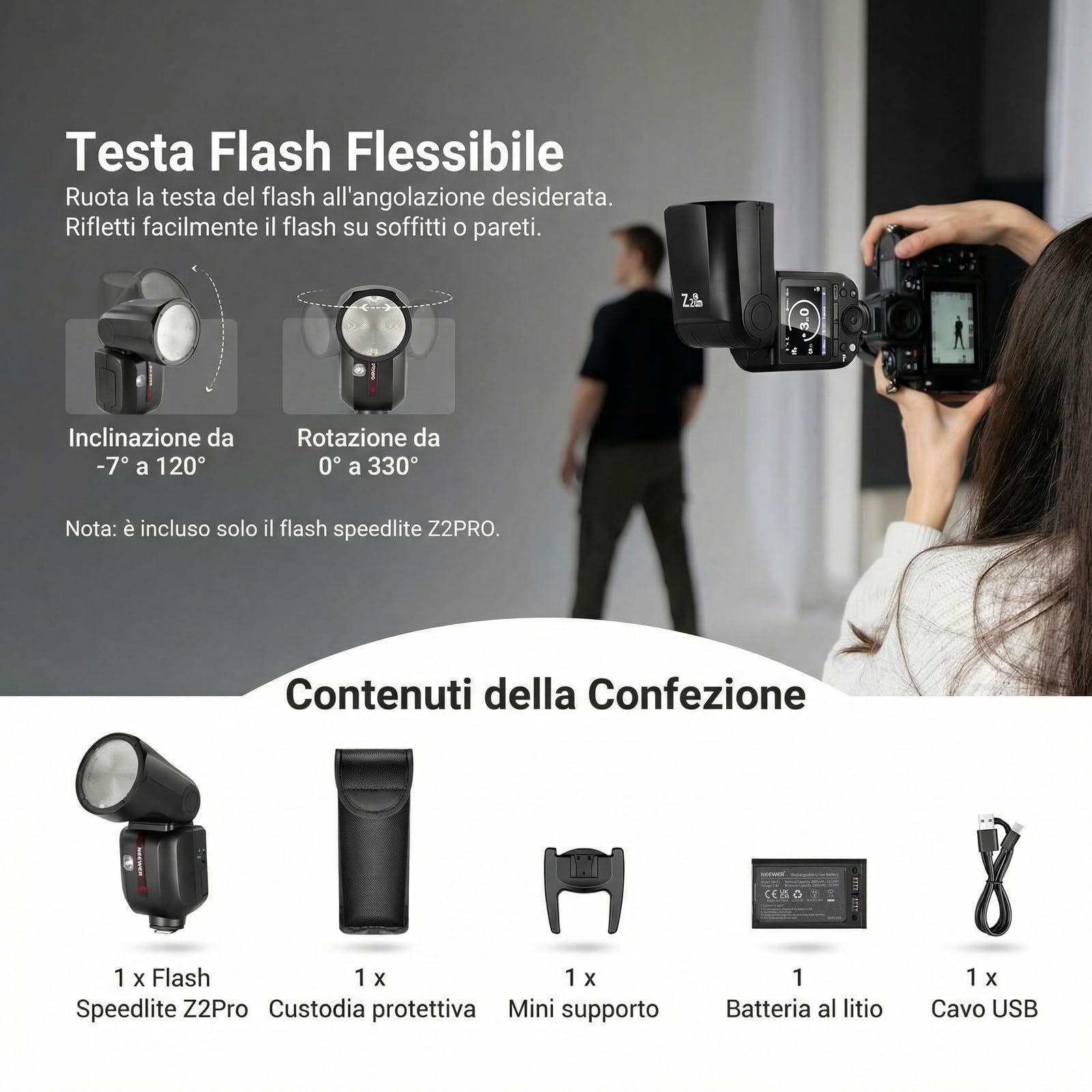 NEEWER Z2PRO-C Flash Speedlite 2.4G TTL 76Ws 1/8000s HSS Testa Rotonda Compatibile Canon