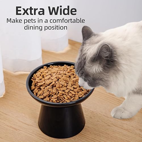Vista 8 de Cuenco elevado extra ancho para comida para gatos, cuencos de cerámica para alimentos y agua, plato ancho y poco profundo para gatos, fatiga