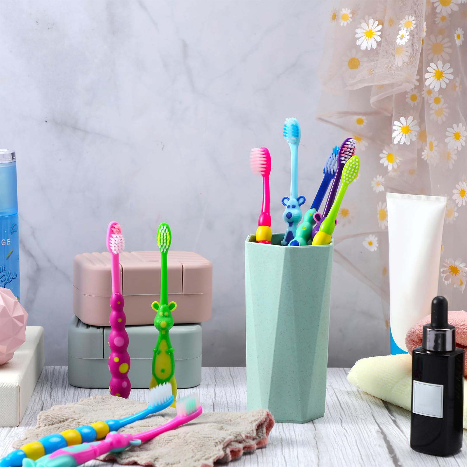36 cepillos de dientes para niños pequeños, paquete de cepillos de dientes manuales para bebés con cubiertas, cepillo de dientes con ventosa, cepillo de dientes de animales de cerdas suaves